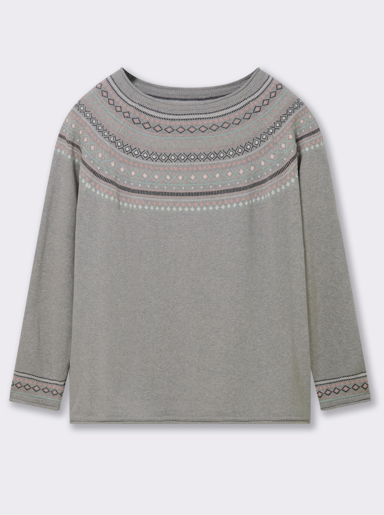 Norwegerpullover aus reiner Baumwolle - grau-meliert-gemustert