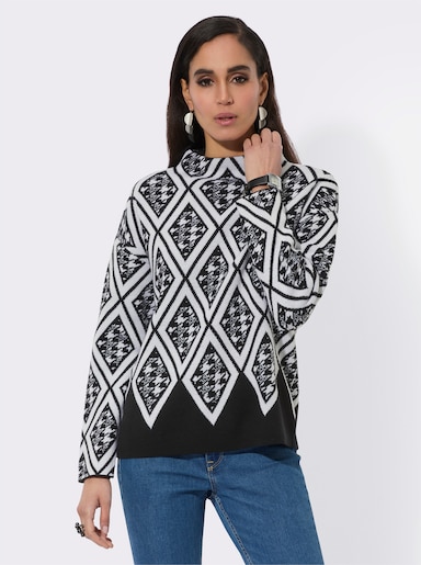 Jacquard-Pullover mit Schurwoll-Anteil - schwarz-ecru-gemustert