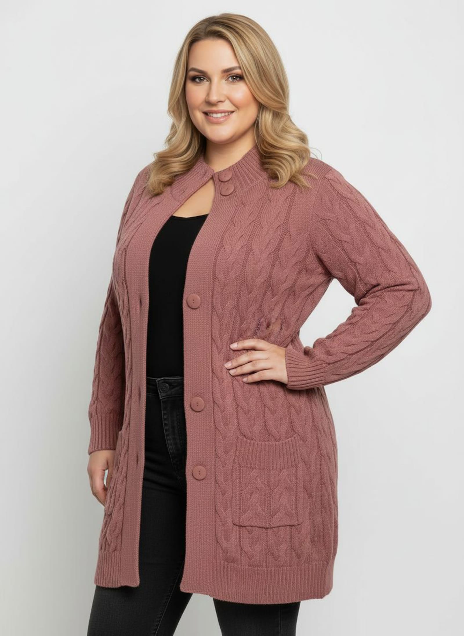 Longstrickjacke mit Zopfmuster - rosenholz