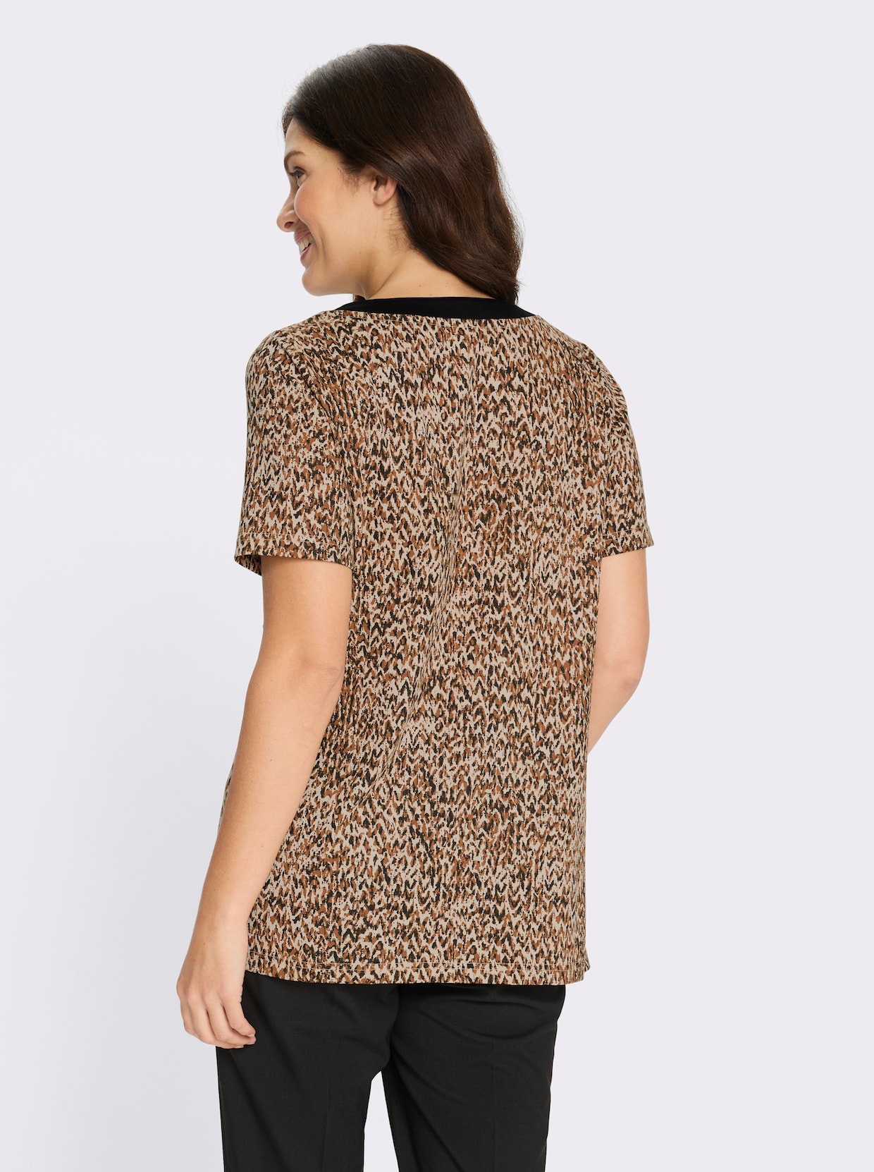 Longshirt in ausgestellter A-Linie - cognac-schwarz-bedruckt