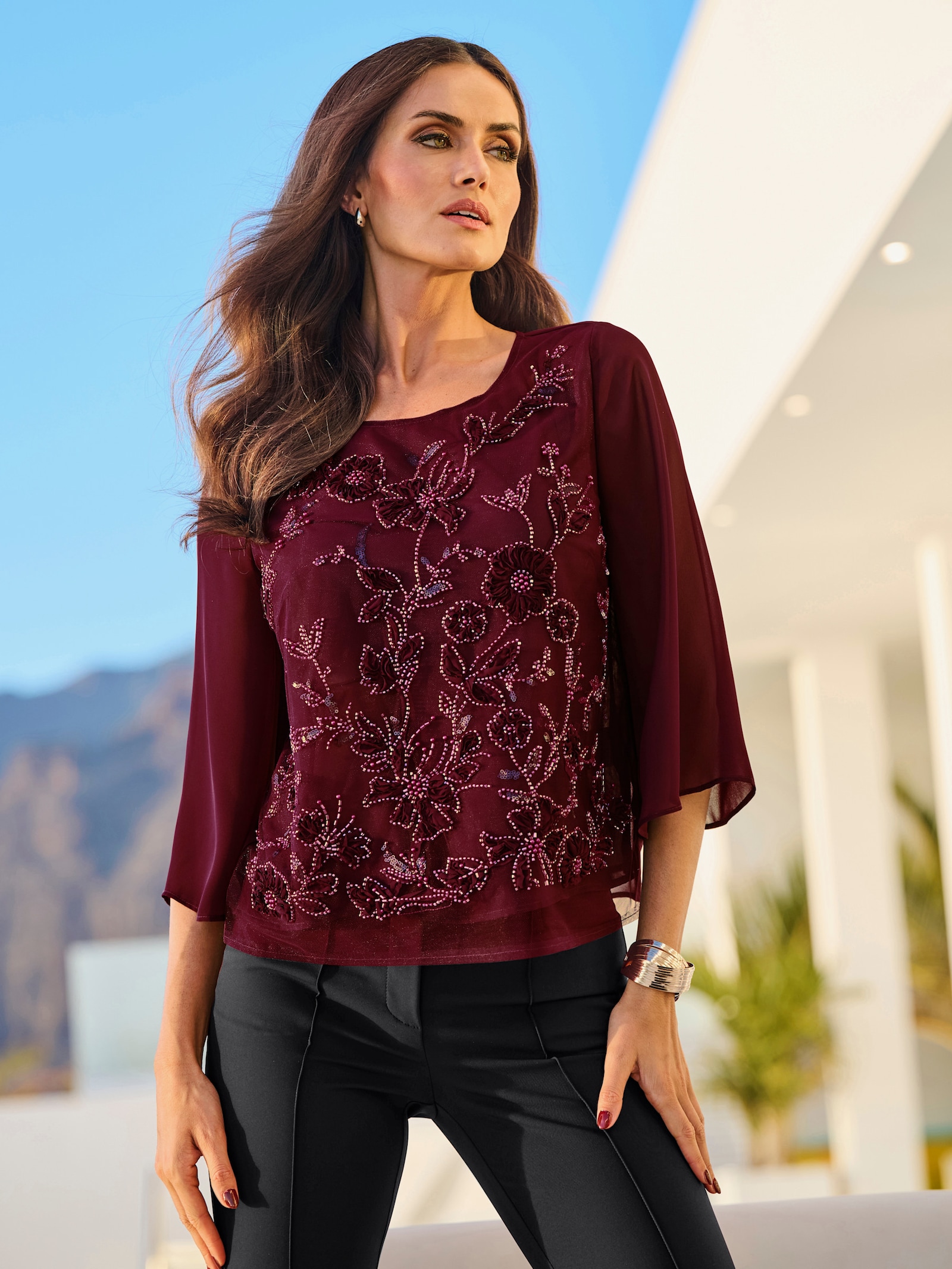 heine Georgettebluse mit Trompetenärmeln - burgund-gemustert