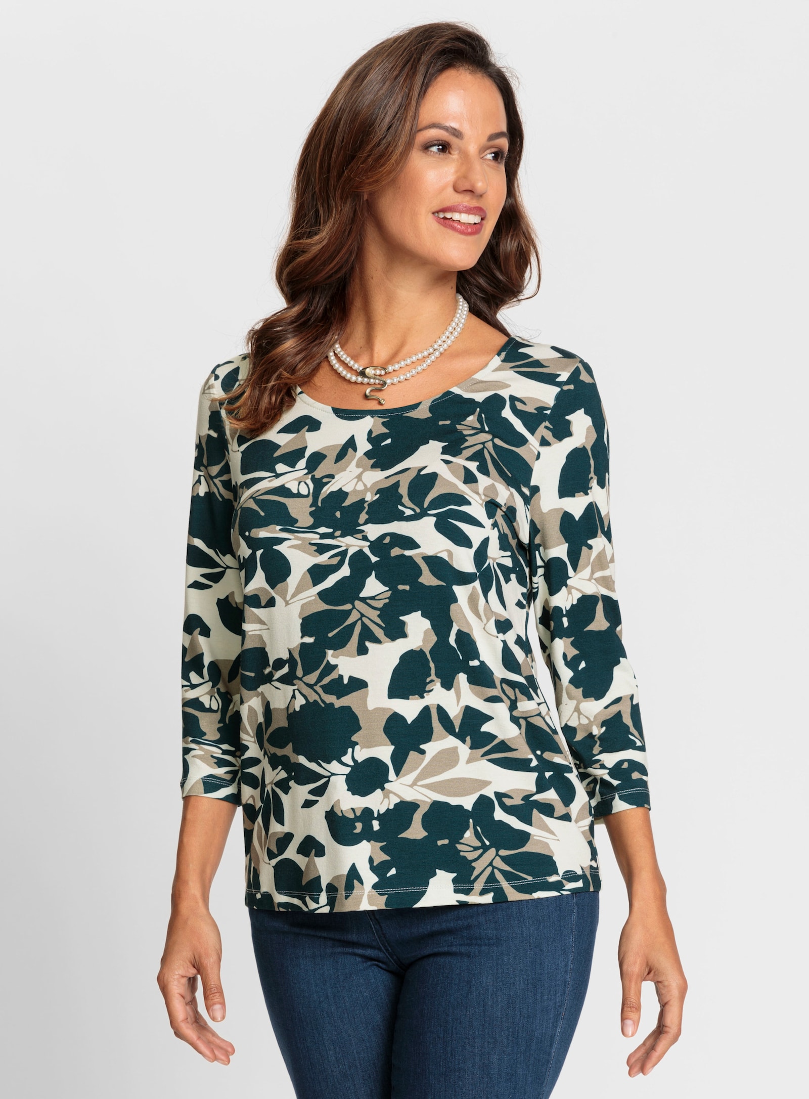 Print-Shirt mit tiefem Rundhals-Ausschnitt - champagner-petrol-bedruckt
