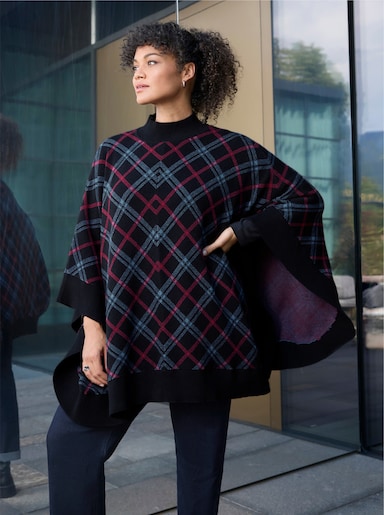sheego Strickponcho mit Karomuster - schwarz-bordeaux-kariert