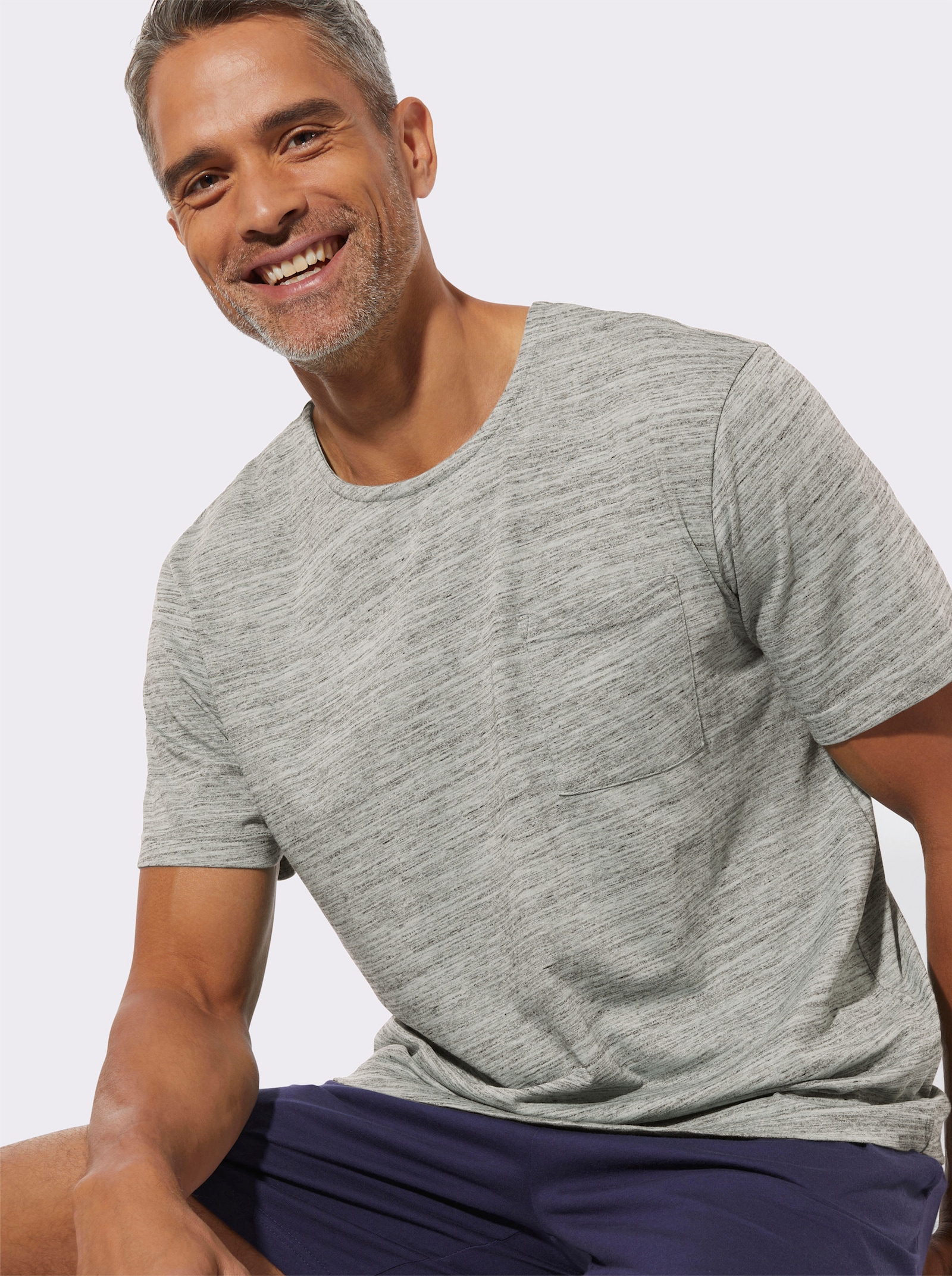 Schlafanzugshirt mit Brusttasche - hellgrau-meliert