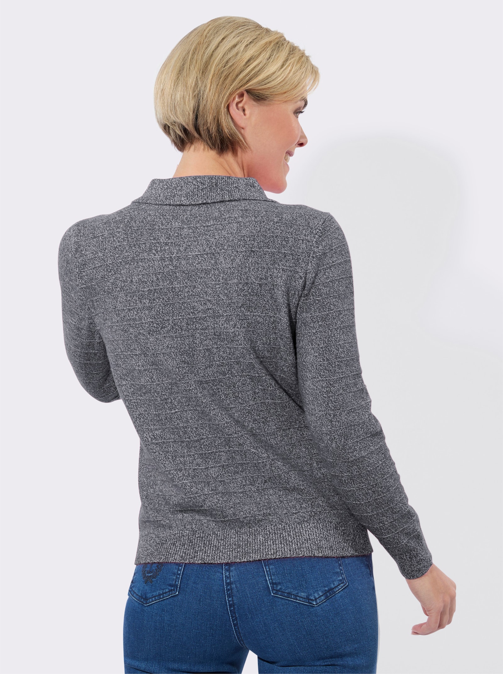 Polopullover in melierter Optik - schwarz-ecru-meliert