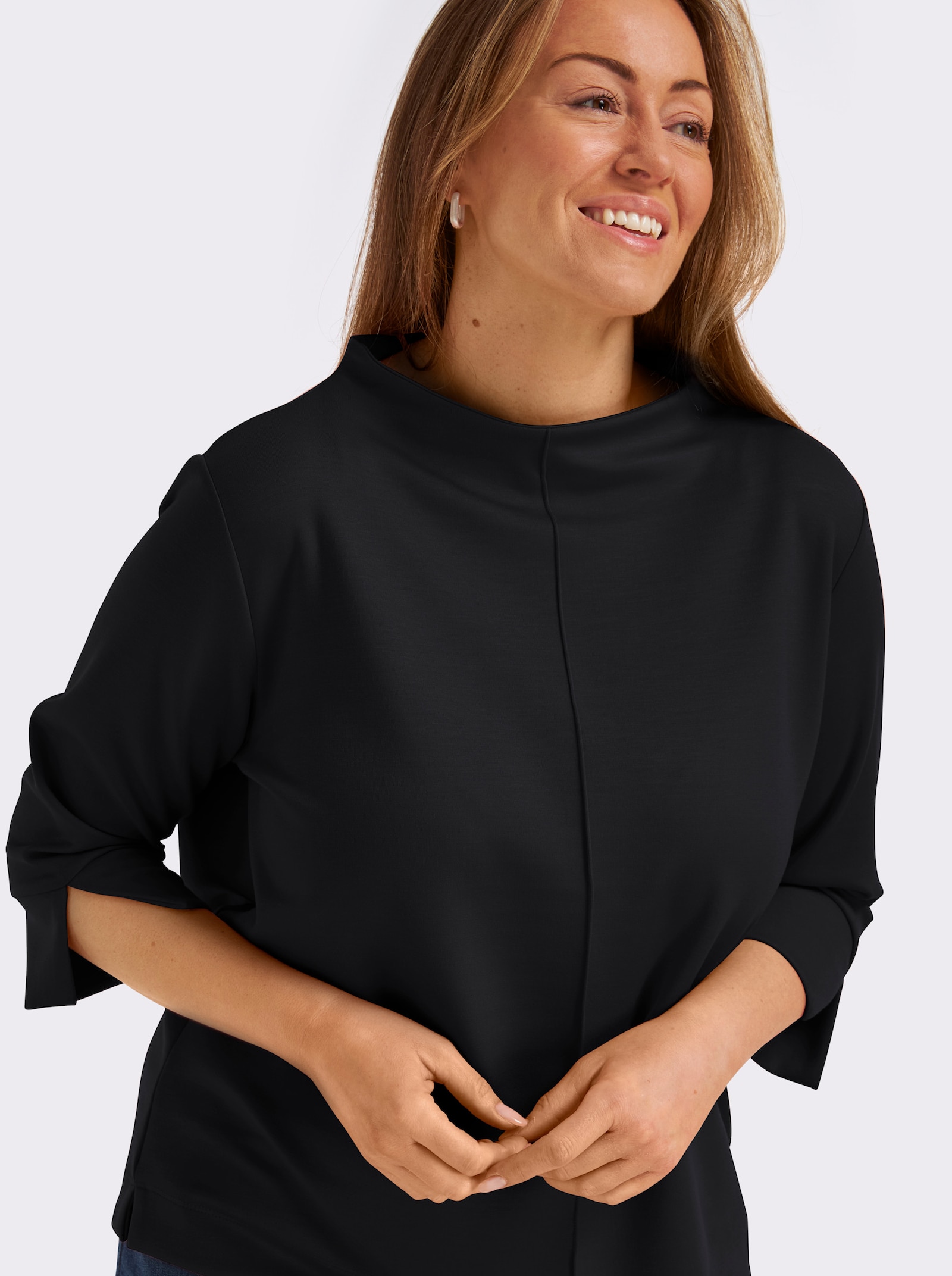 Stehkragenshirt mit 3/4-Ärmeln - schwarz