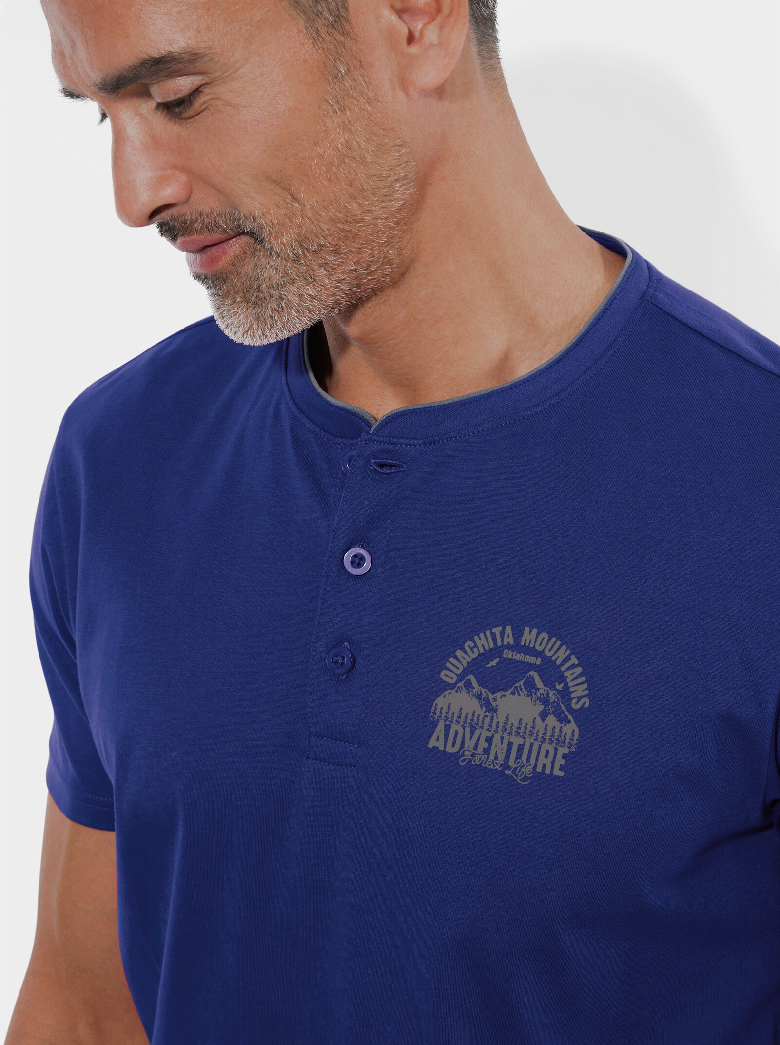 Henleyshirt mit kleinem Druck-Motiv - royalblau