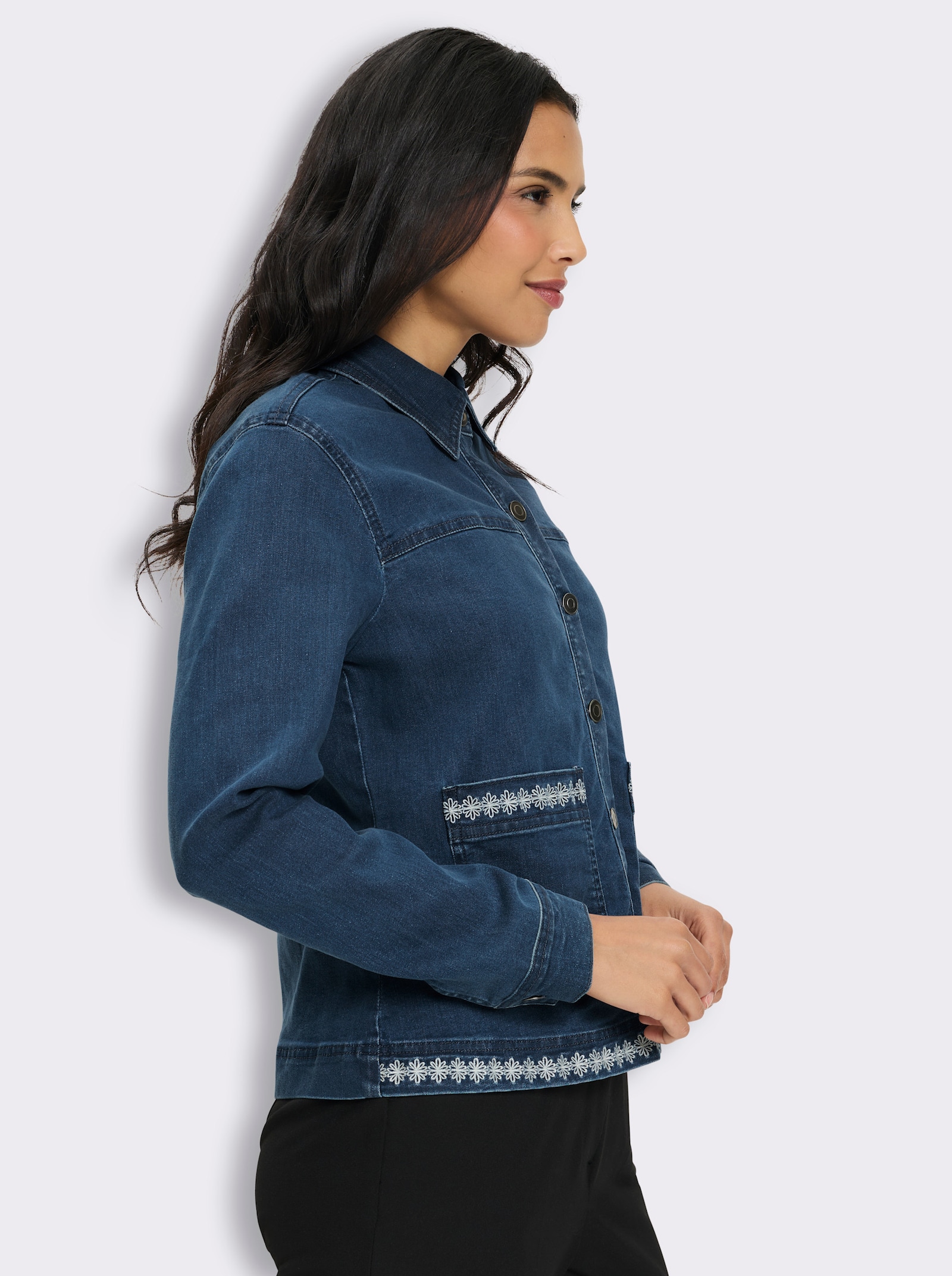Jeansjacke mit Blütenstickerei - blue-stone-washed