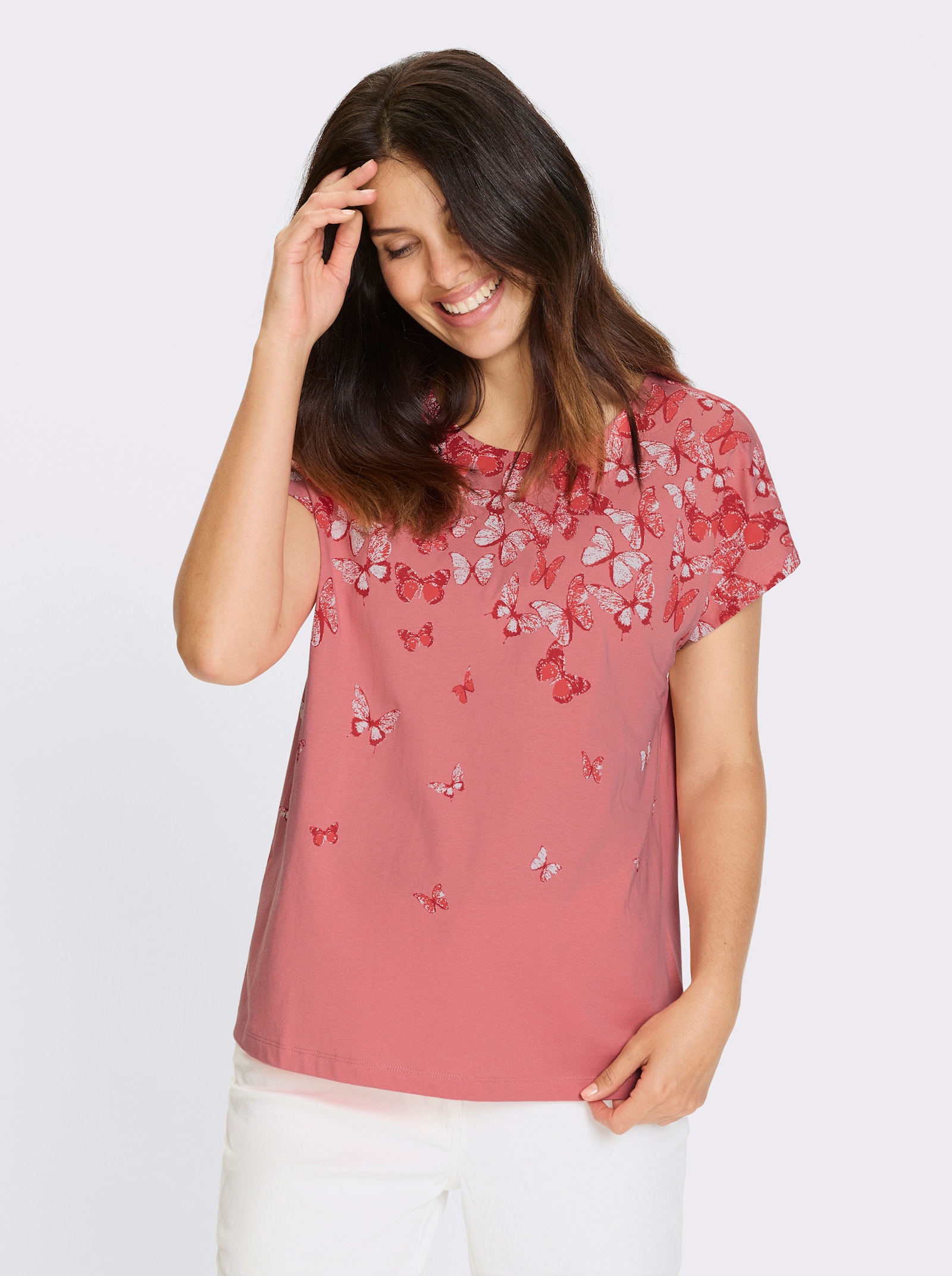 Kurzarmshirt mit Schmetterlingsdruck - flamingo-erdbeere