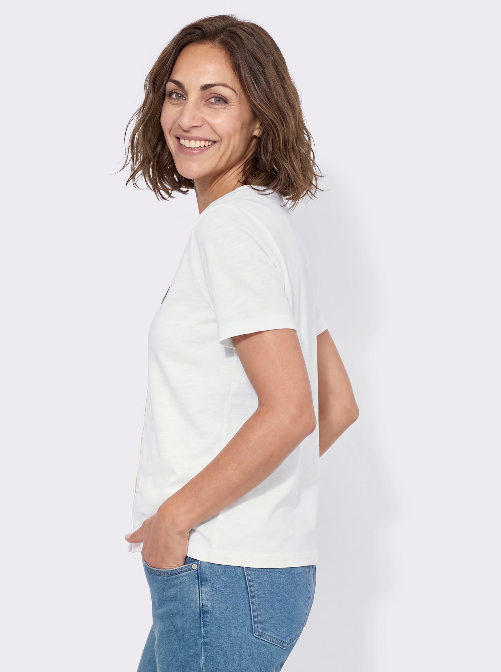 Kurzarmshirt mit Knöpfen in Perlmutt-Optik - ecru