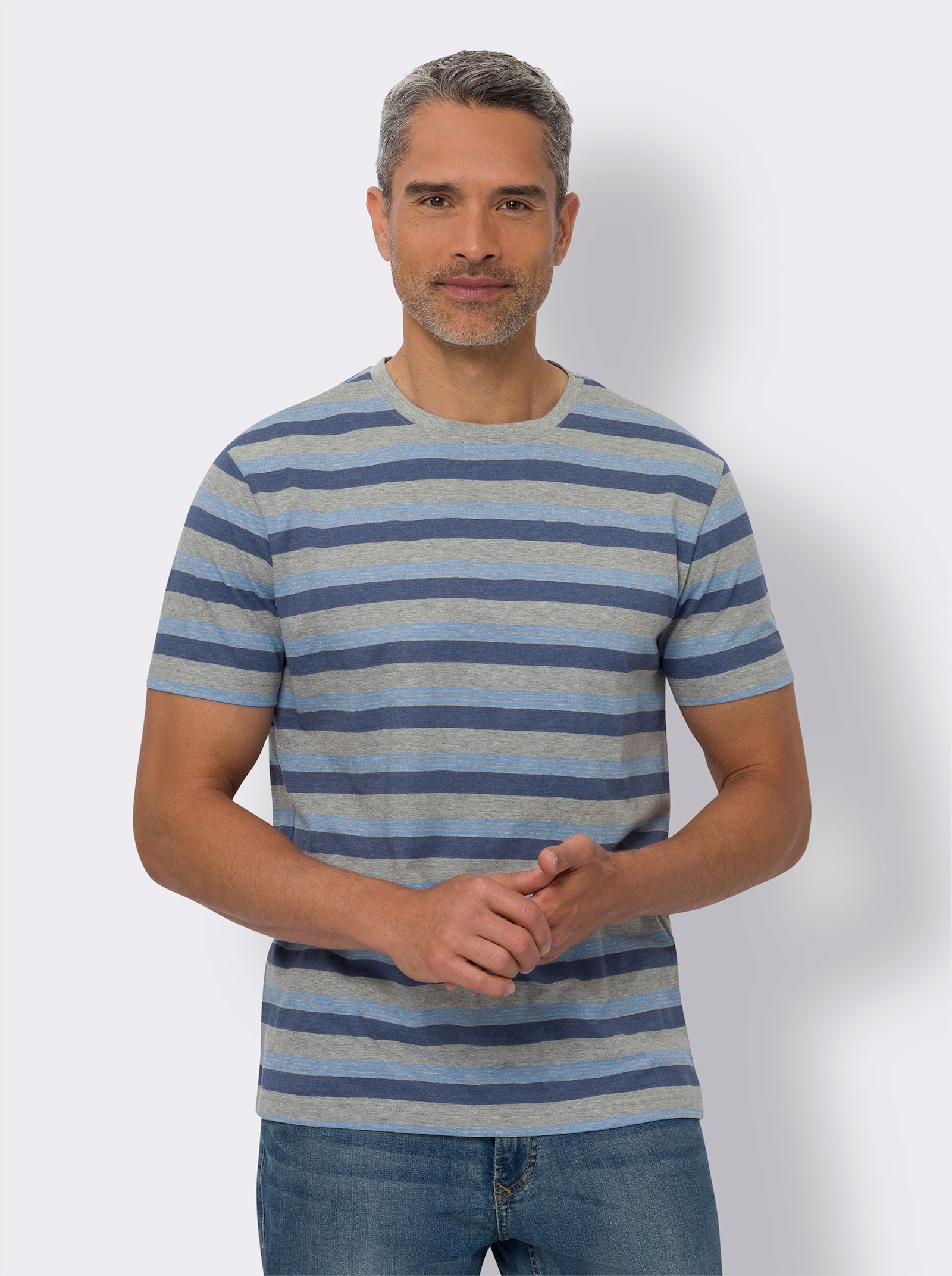 Rundhalsshirt mit garngefärbtem Ringel-Muster - grau-rauchblau-geringelt