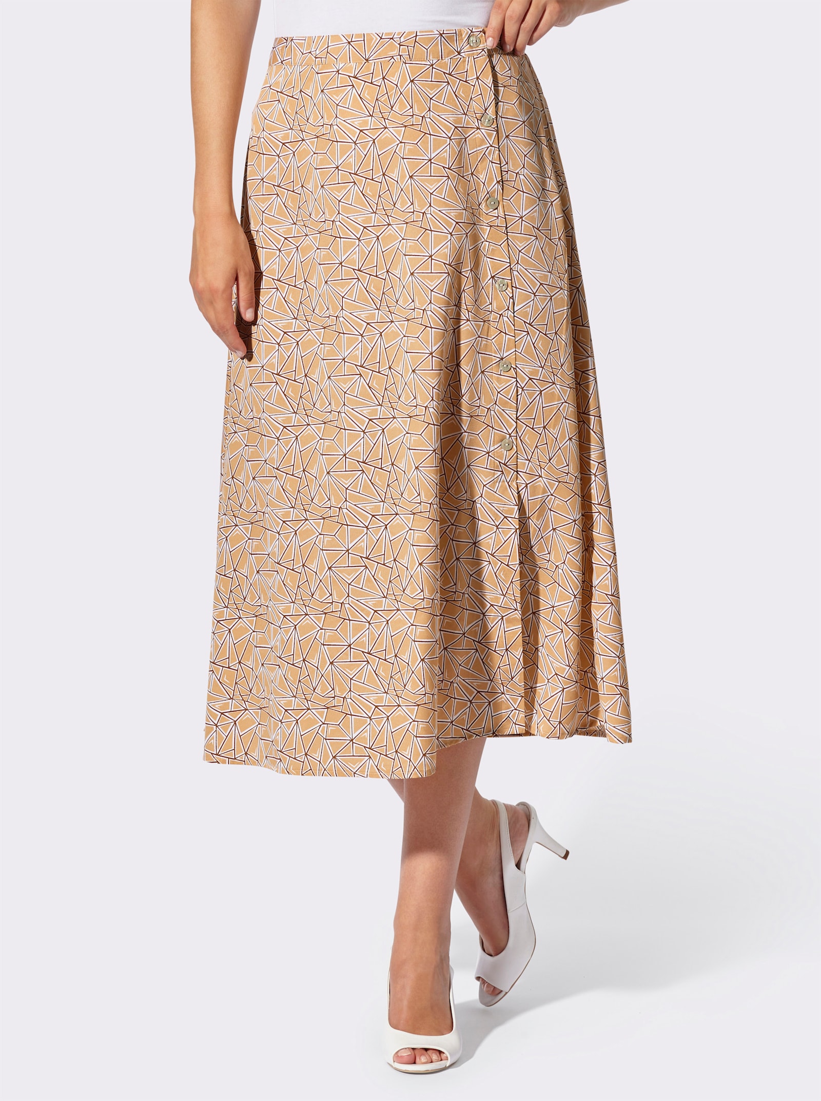 Schlupfrock mit Zierknopfleiste - camel-champagner-bedruckt