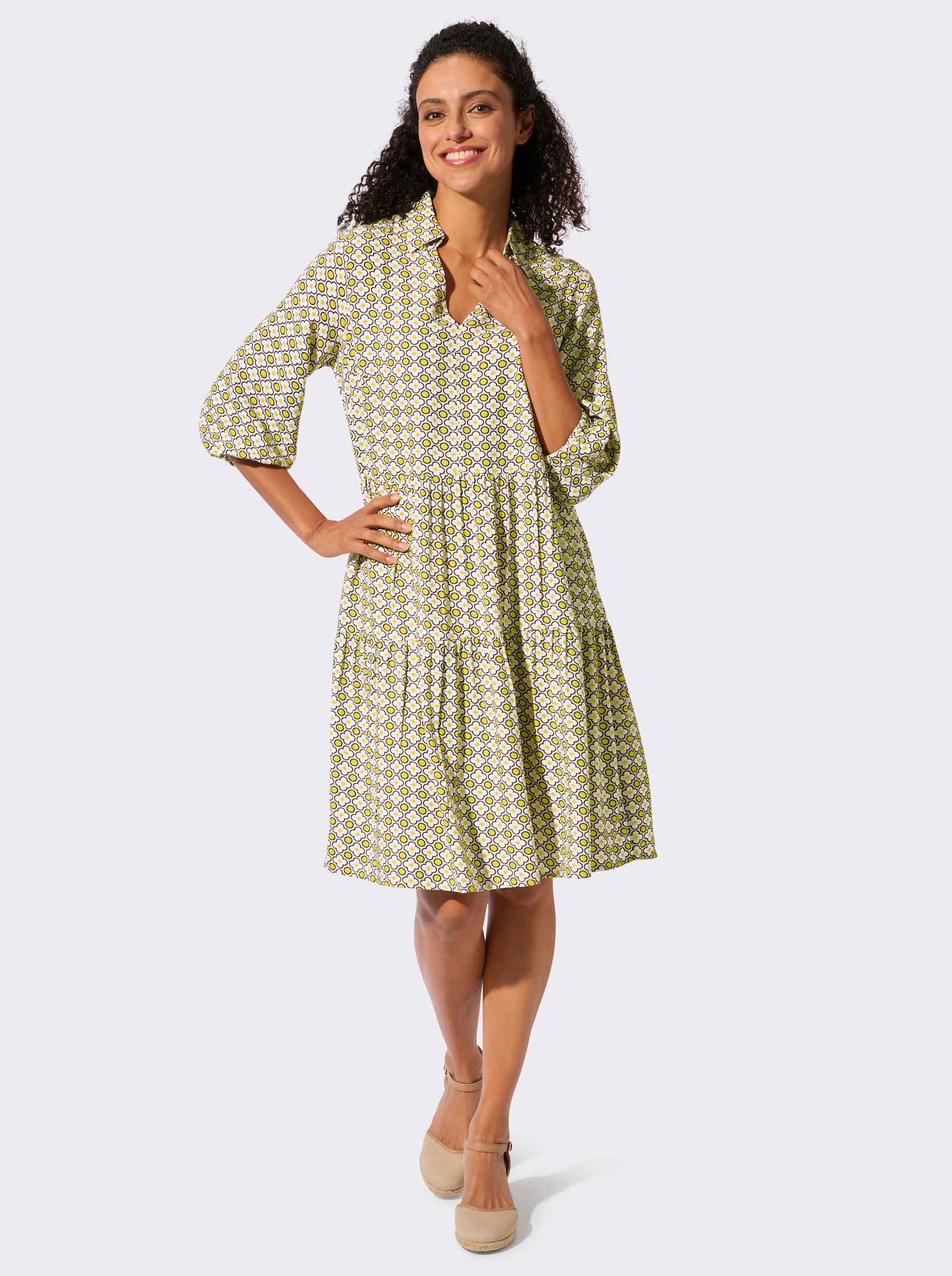 Stufenkleid mit offenem Hemdkragen - sand-limone-bedruckt