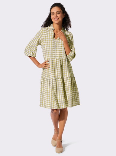 Stufenkleid mit offenem Hemdkragen - sand-limone-bedruckt