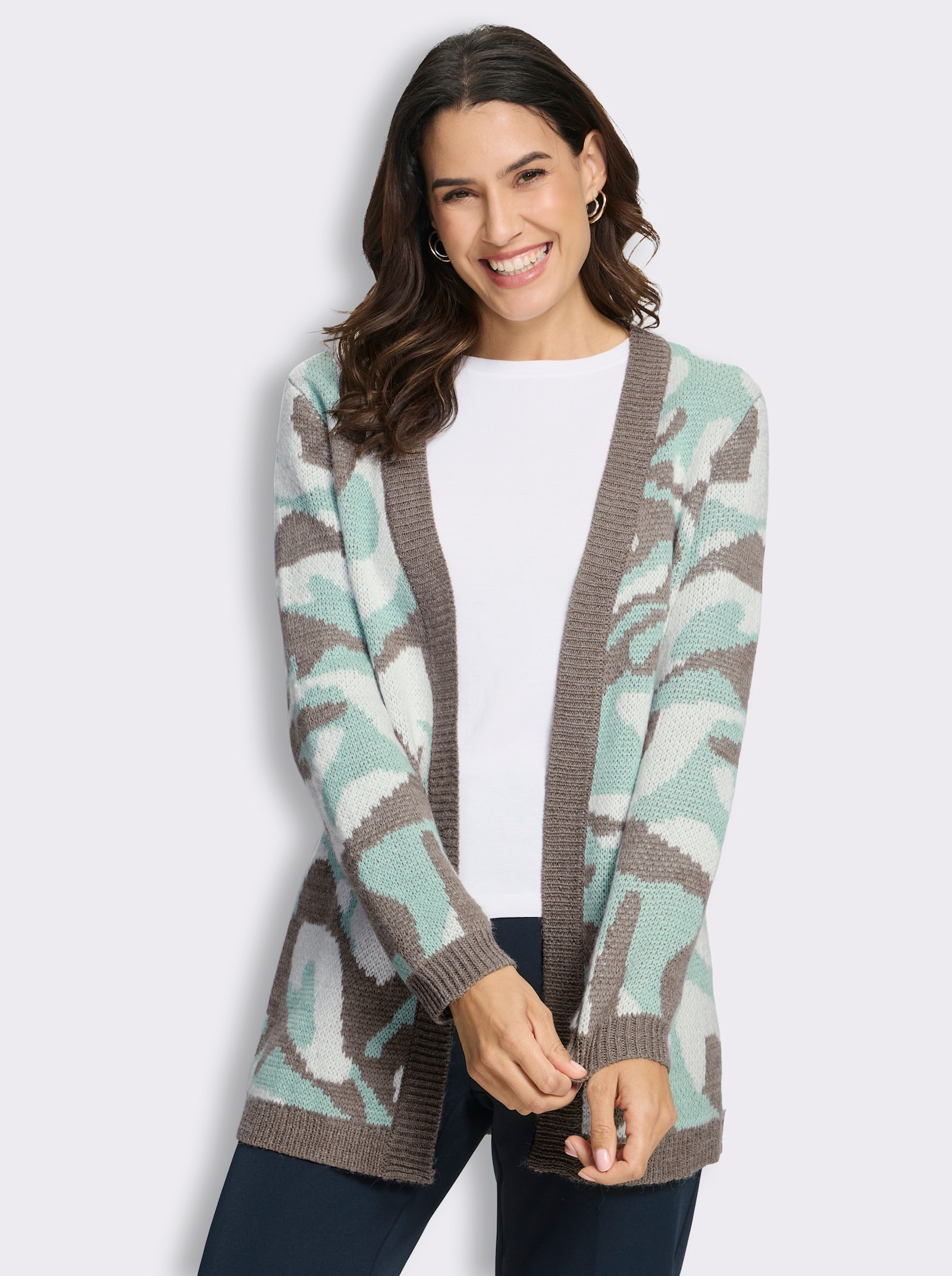 Jacquardstrickjacke in offener Form - kalkmint-taupe-gemustert