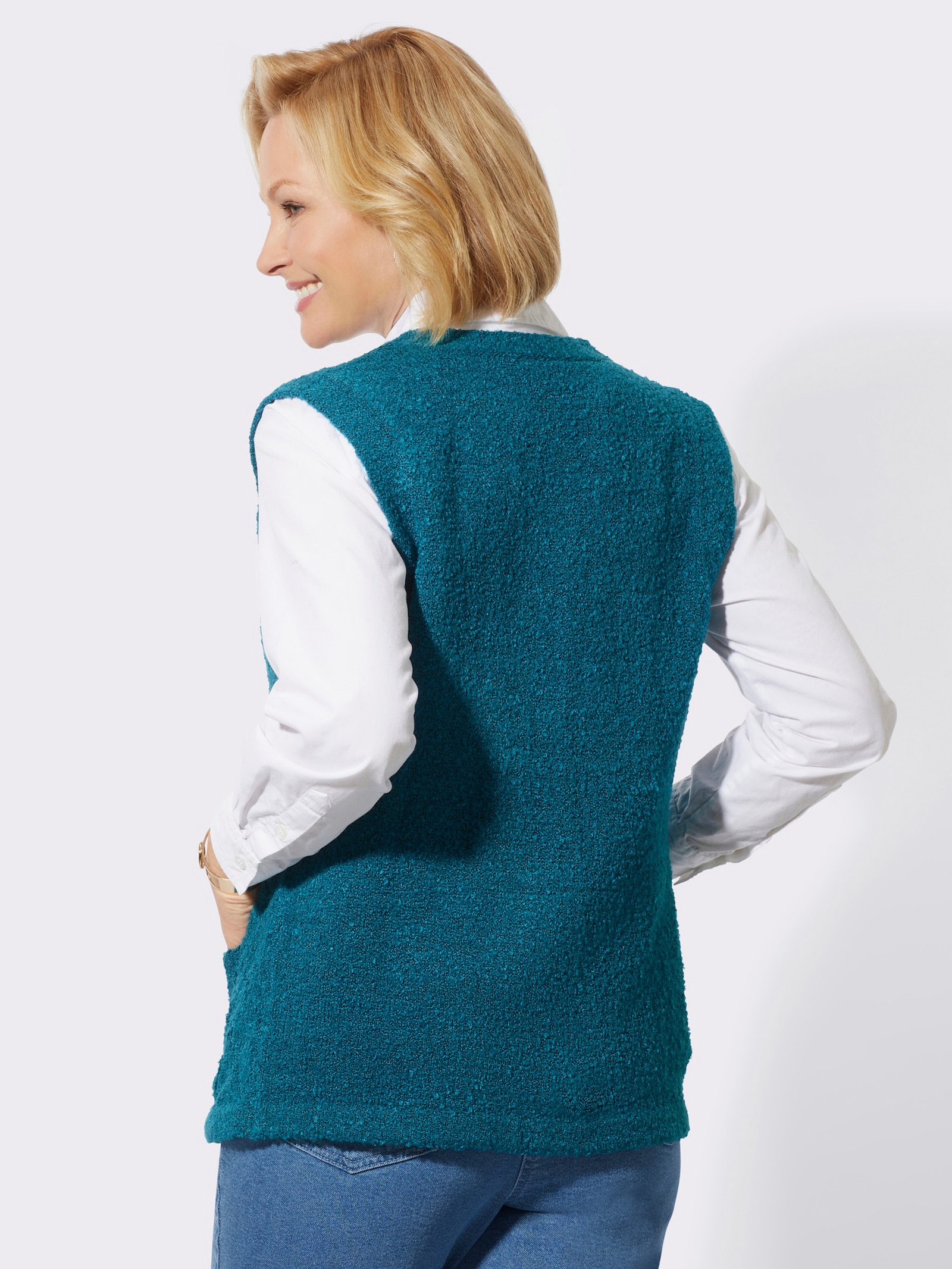 Mouwloos vest in bouclékwaliteit - aquapetrol gemêleerd