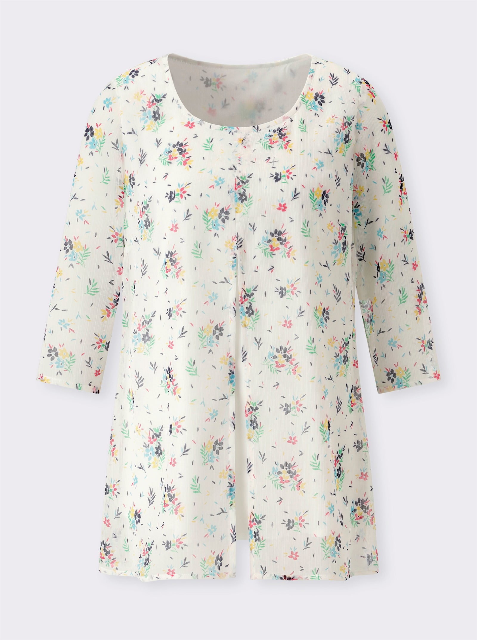Longbluse im Lagenlook mit Chiffon - weiß-marine-bedruckt