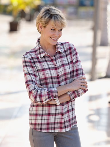 Flanellbluse aus reiner Baumwolle, Webkaro - ecru-aubergine-kariert