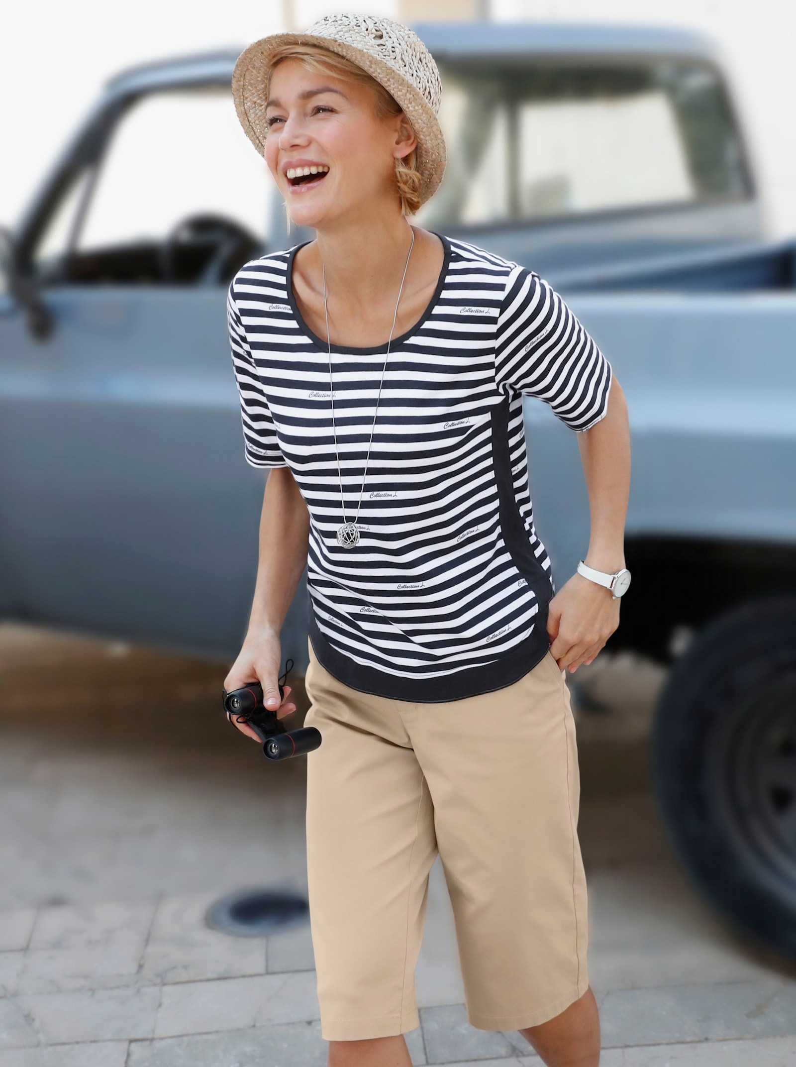 Streifenshirt mit seitlichen Kontrast-Einsätzen - marine-weiss-gestreift