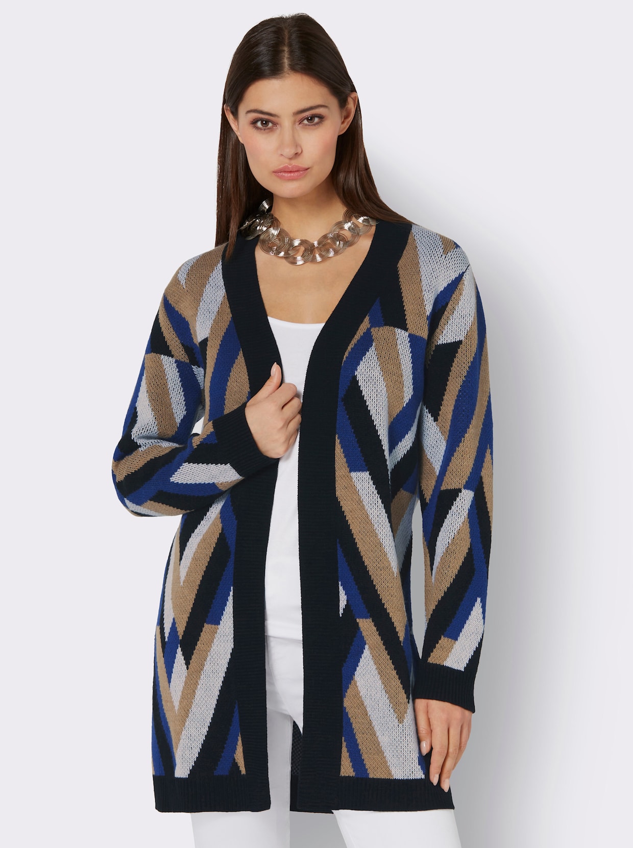 Longstrickjacke - royalblau-schwarz-gemustert