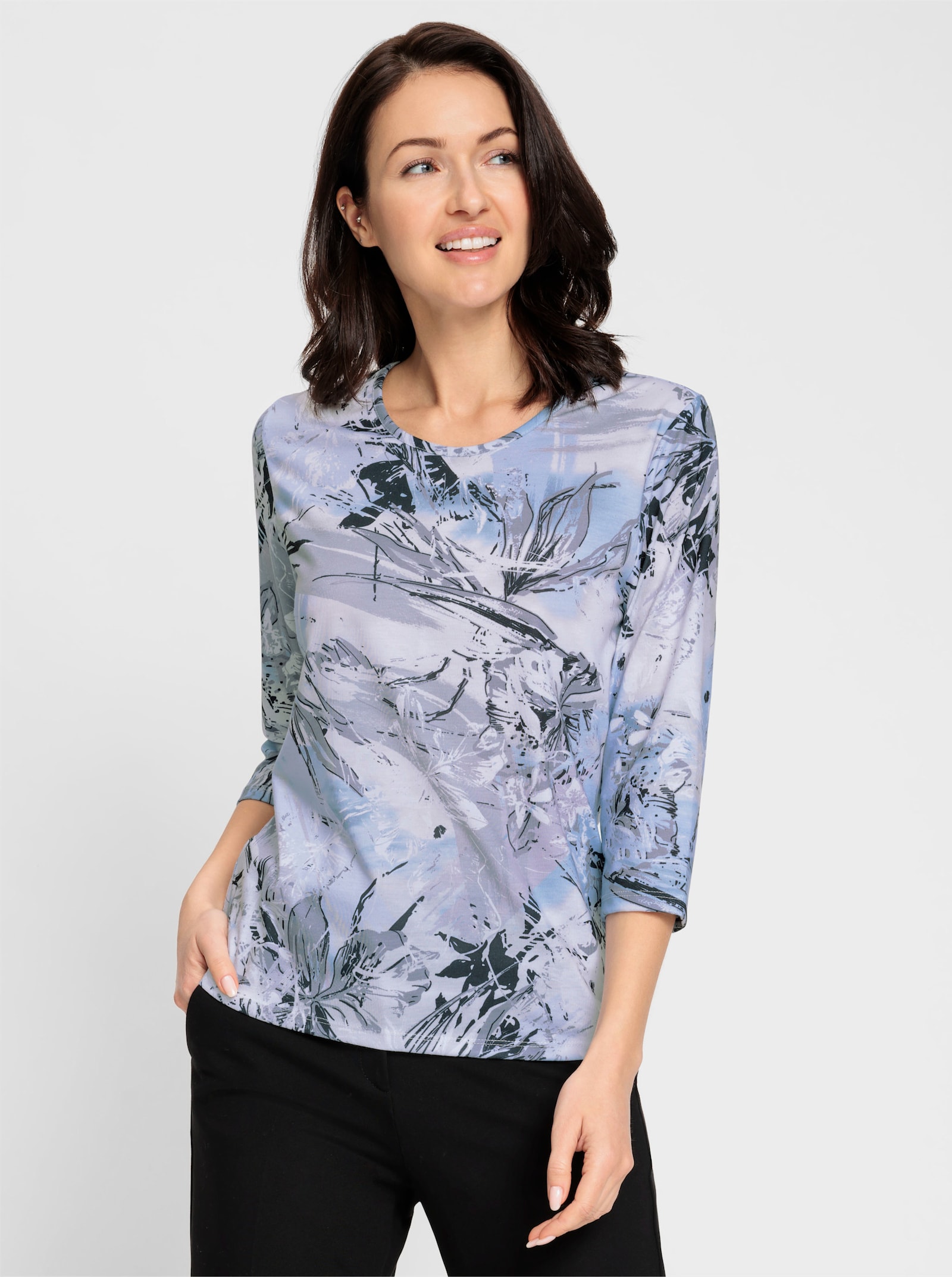 3/4-Arm-Shirt mit Rundhals-Ausschnitt - eisblau-grau-bedruckt