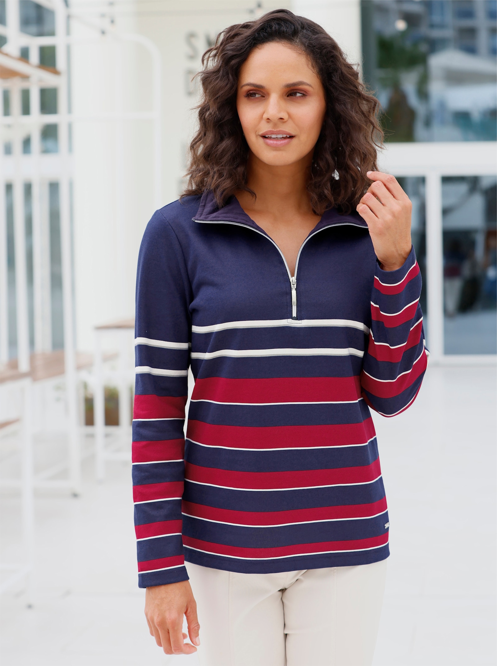 Sweatshirt mit Troyerkragen, geringelt - marine-kirsche-geringelt