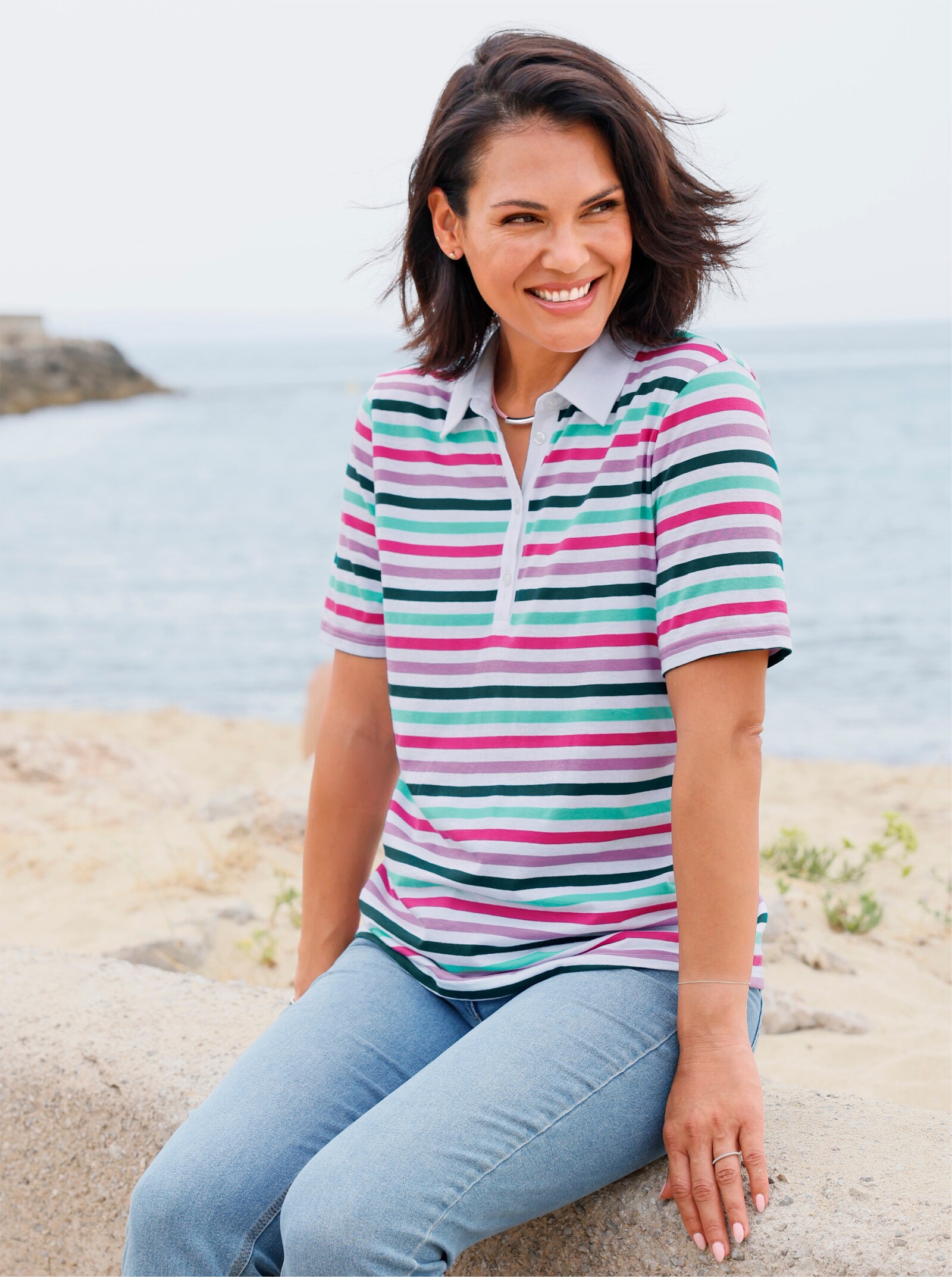 Poloshirt im garngefärbten Ringelmuster - weiß-fuchsia-geringelt