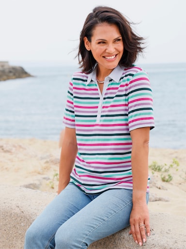 Poloshirt im garngefärbten Ringelmuster - weiß-fuchsia-geringelt