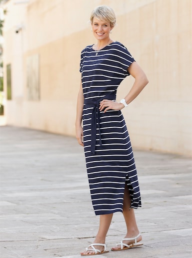 Jerseykleid mit U-Boot-Ausschnitt - marine-weiß-geringelt