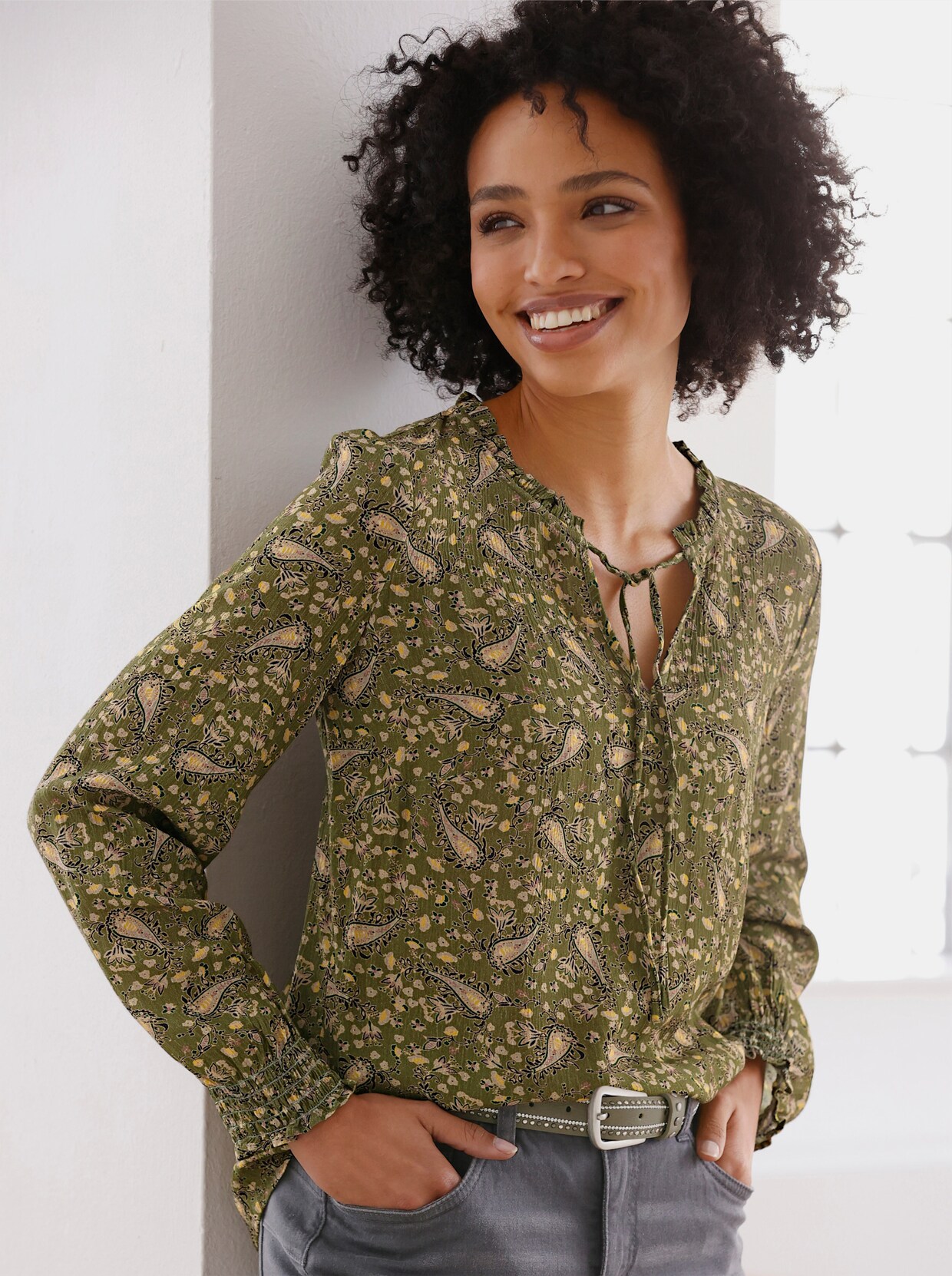 heine Druckbluse - olive-gelb-bedruckt