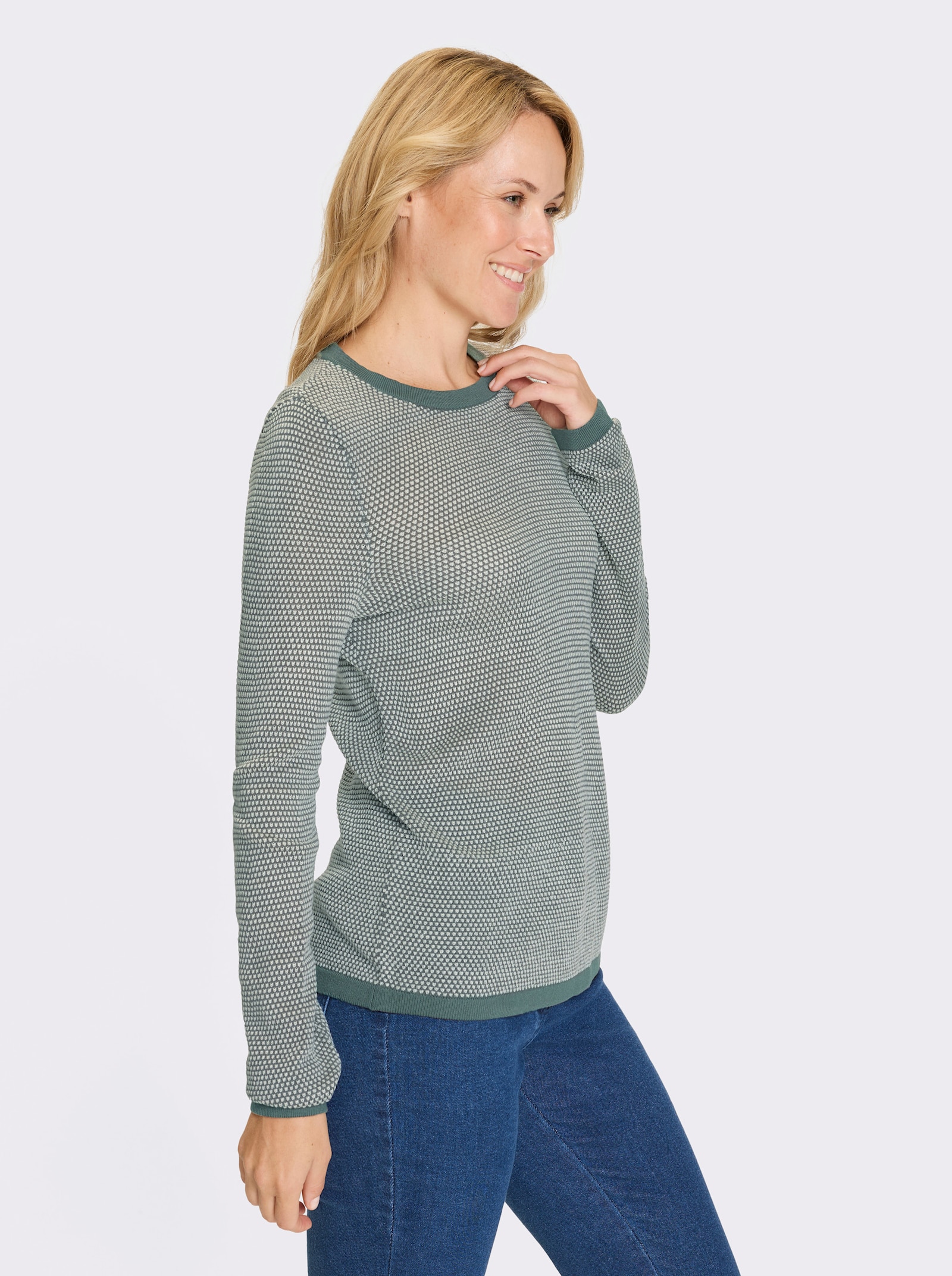 Rundhalspullover - jade-ecru-gemustert
