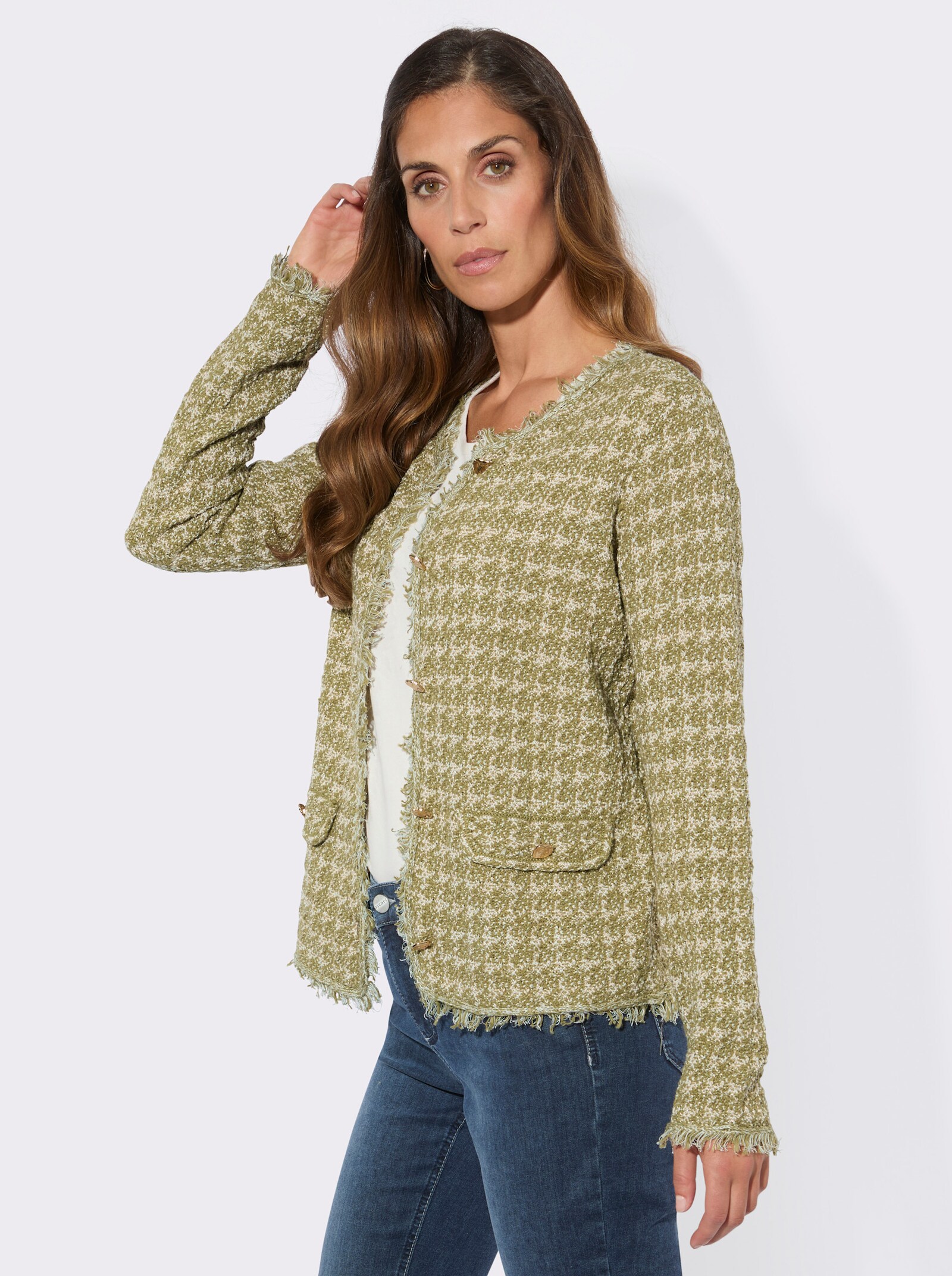 Strickjacke mit Fransen-Verzierung - schilf-champagner-meliert