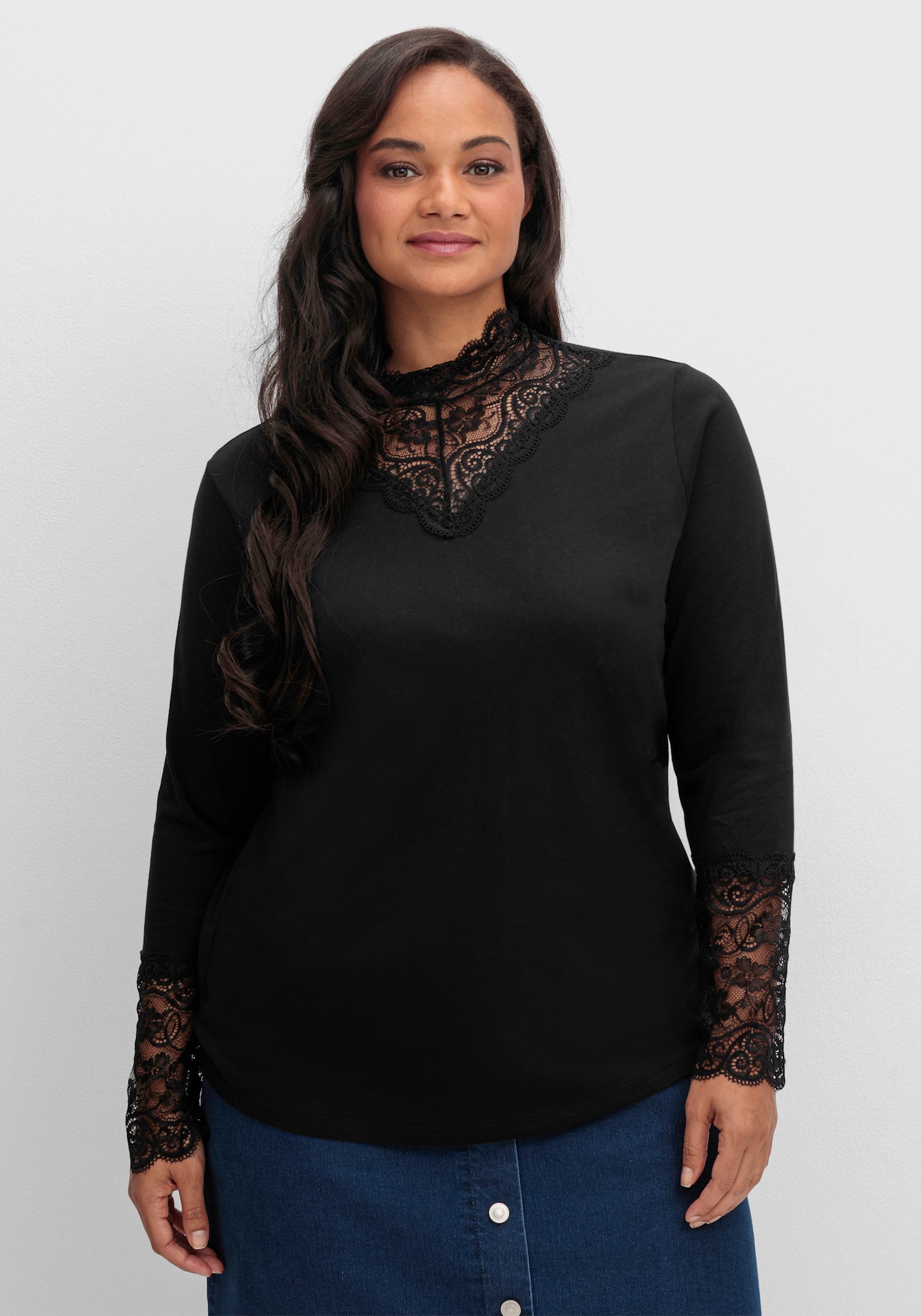 Stehkragenshirt mit Reißverschluss im Nacken - schwarz