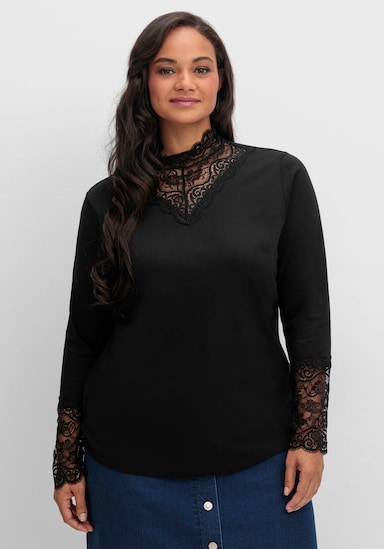 Stehkragenshirt mit Reißverschluss im Nacken - schwarz