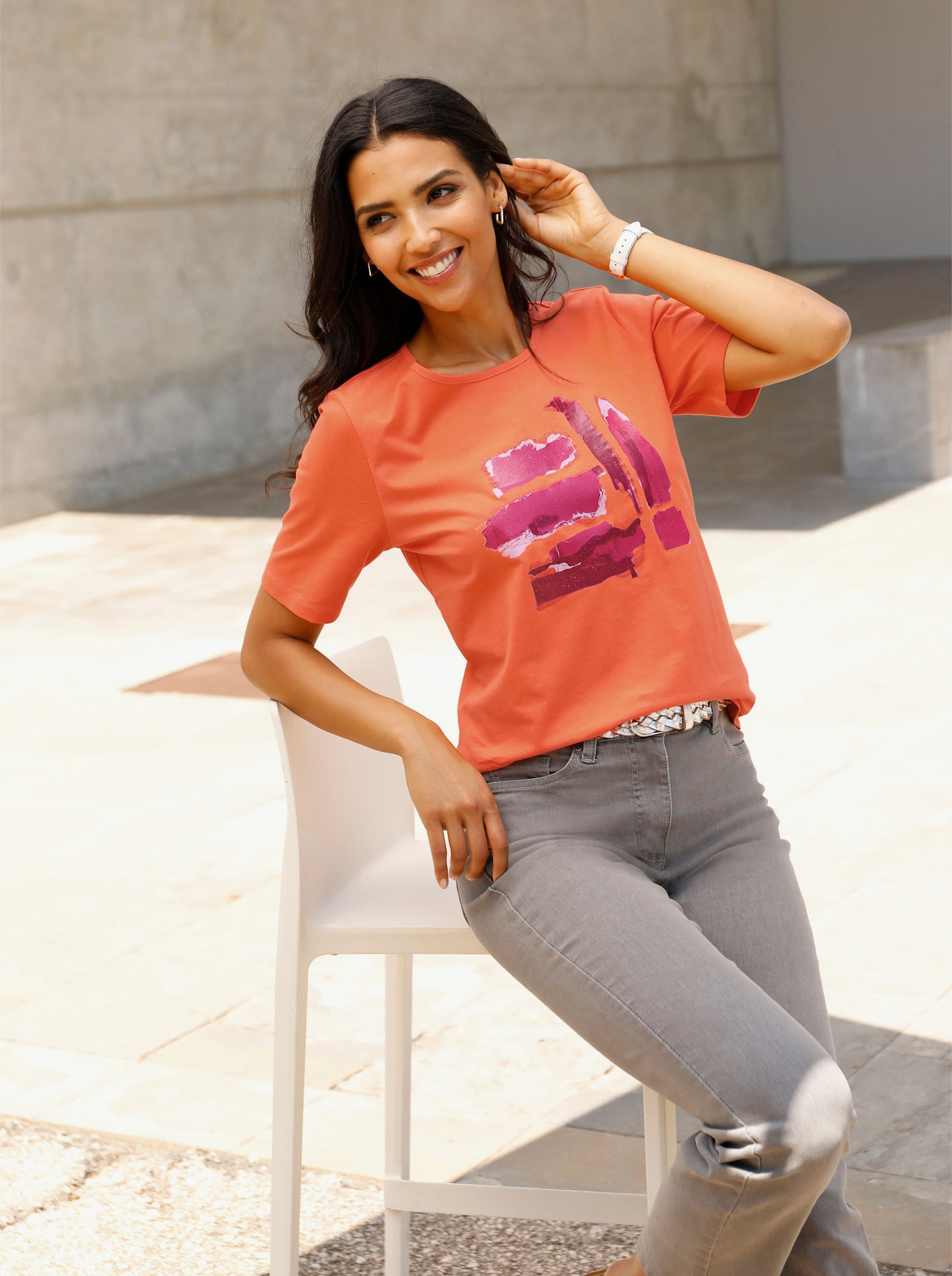Shirt met korte mouwen en zilverkleurige accenten - oranje/fuchsia