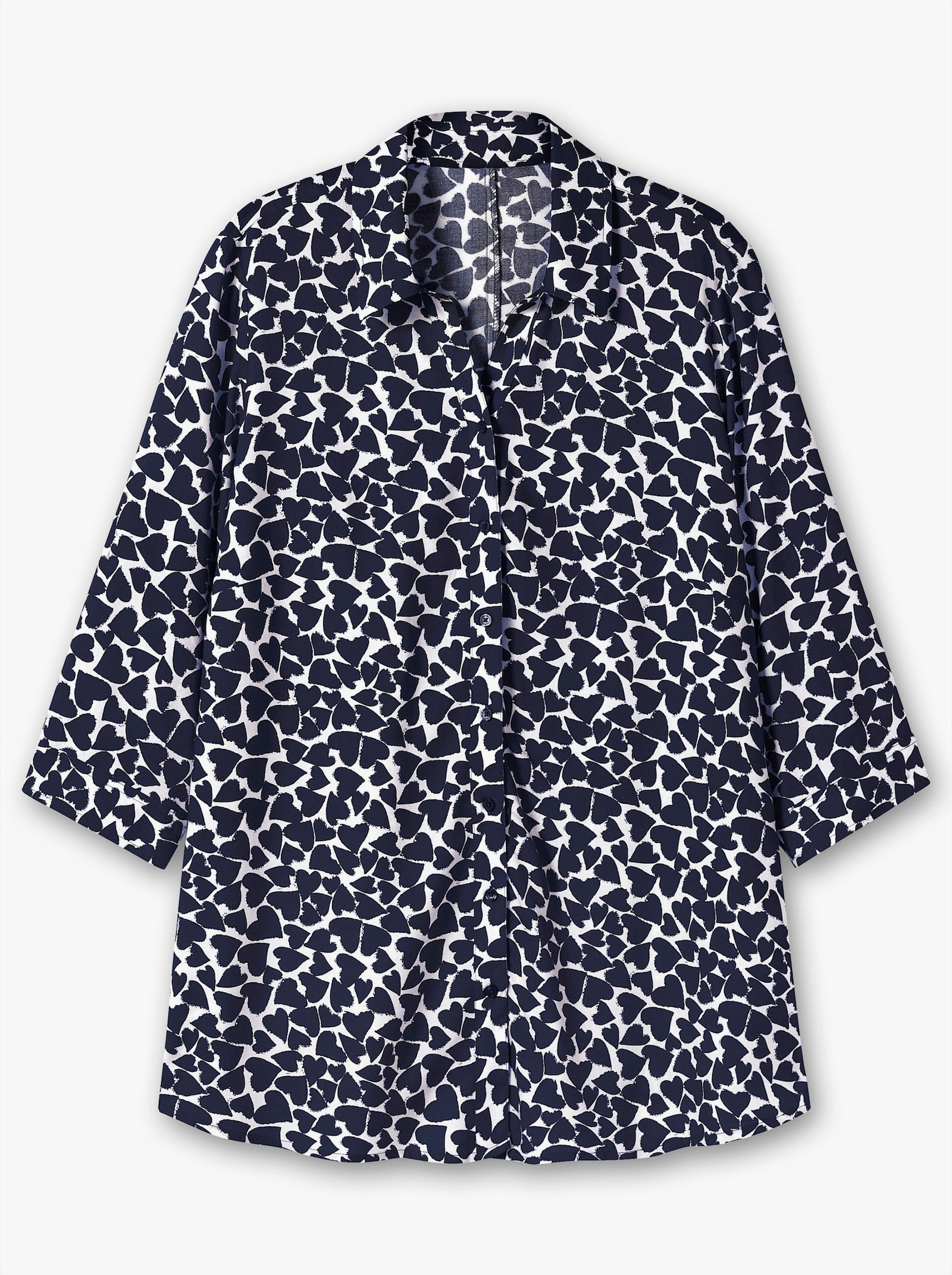 Longbluse im Herz-Dessin, reine Viskose - weiß-marine-gemustert