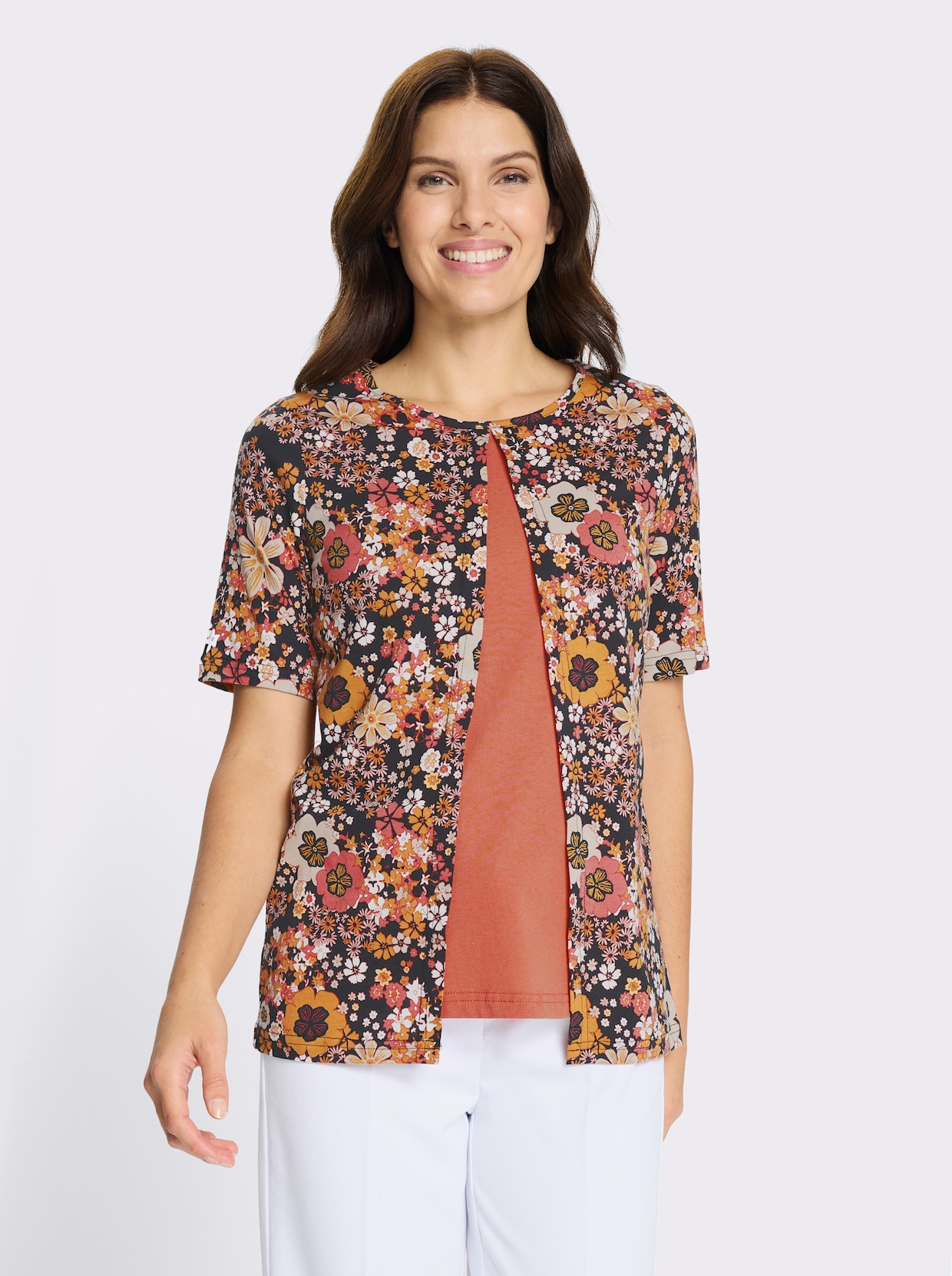 2-in-1-Shirt mit floralem Muster - schwarz-papaya-bedruckt