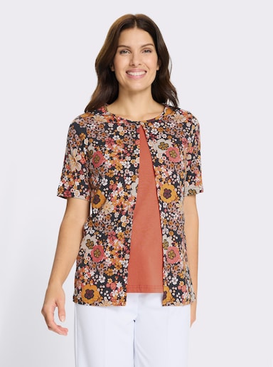2-in-1-Shirt mit floralem Muster - schwarz-papaya-bedruckt