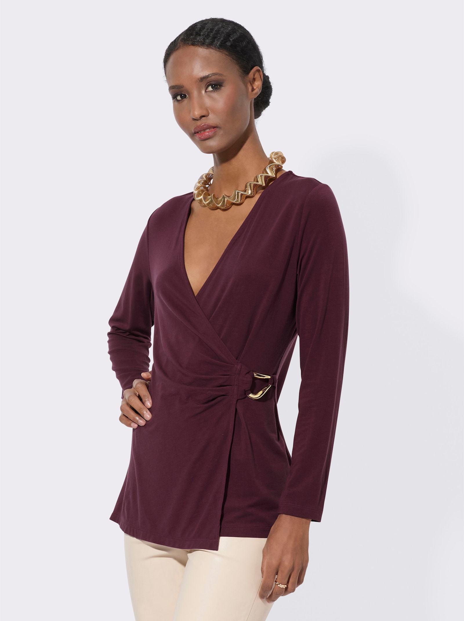 Wickelshirt mit tiefem V-Ausschnitt - burgund