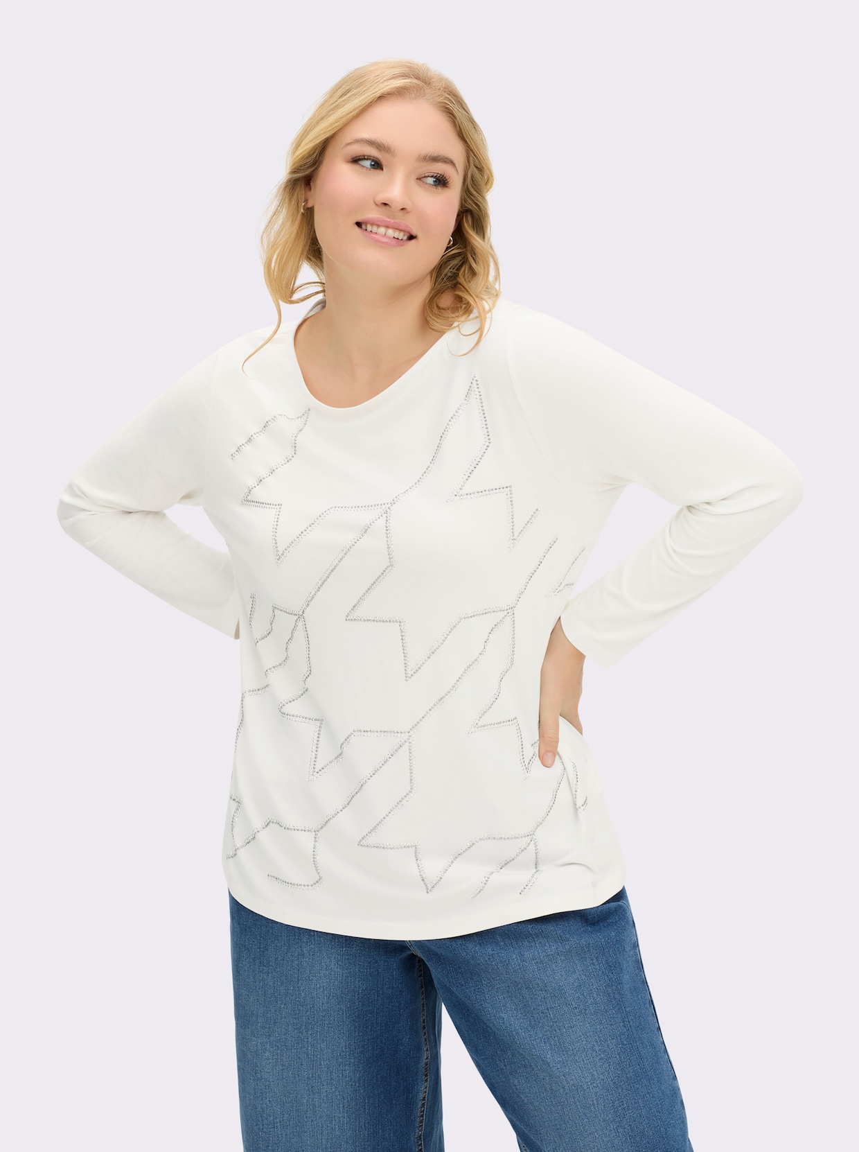 Langarmshirt im Hahnentritt-Dessin - ecru