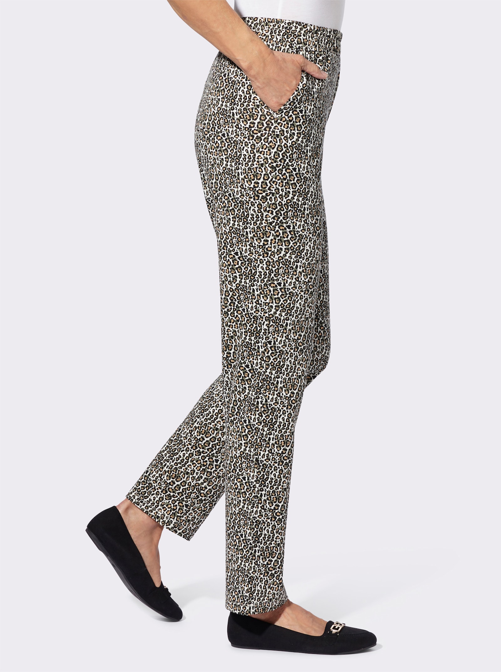 Vrijetijdsbroek met luipaardmotief - champagne/kaki bedrukt