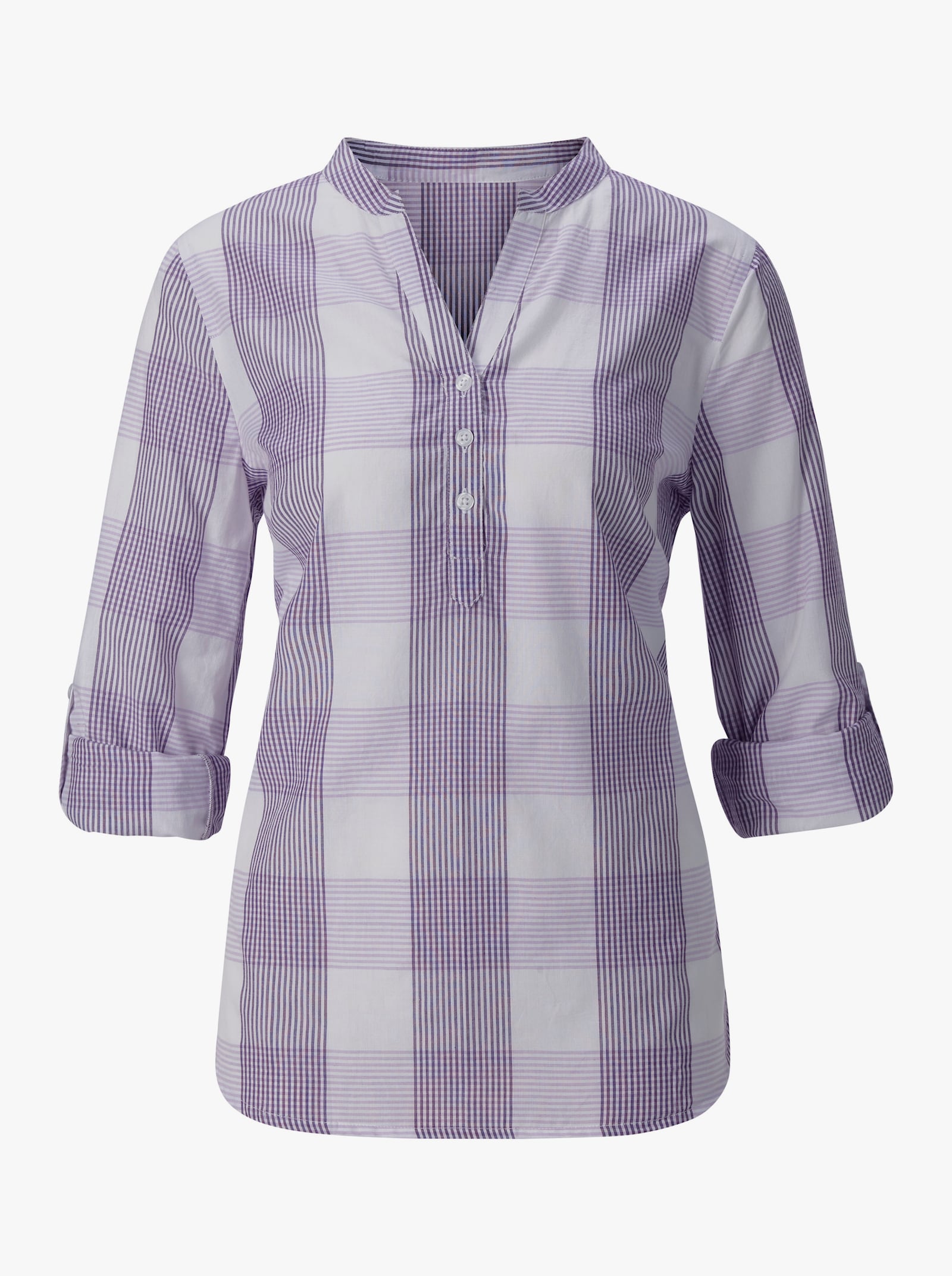 Baumwollbluse mit Stehkragen, kariert - lavendel-weiß-kariert