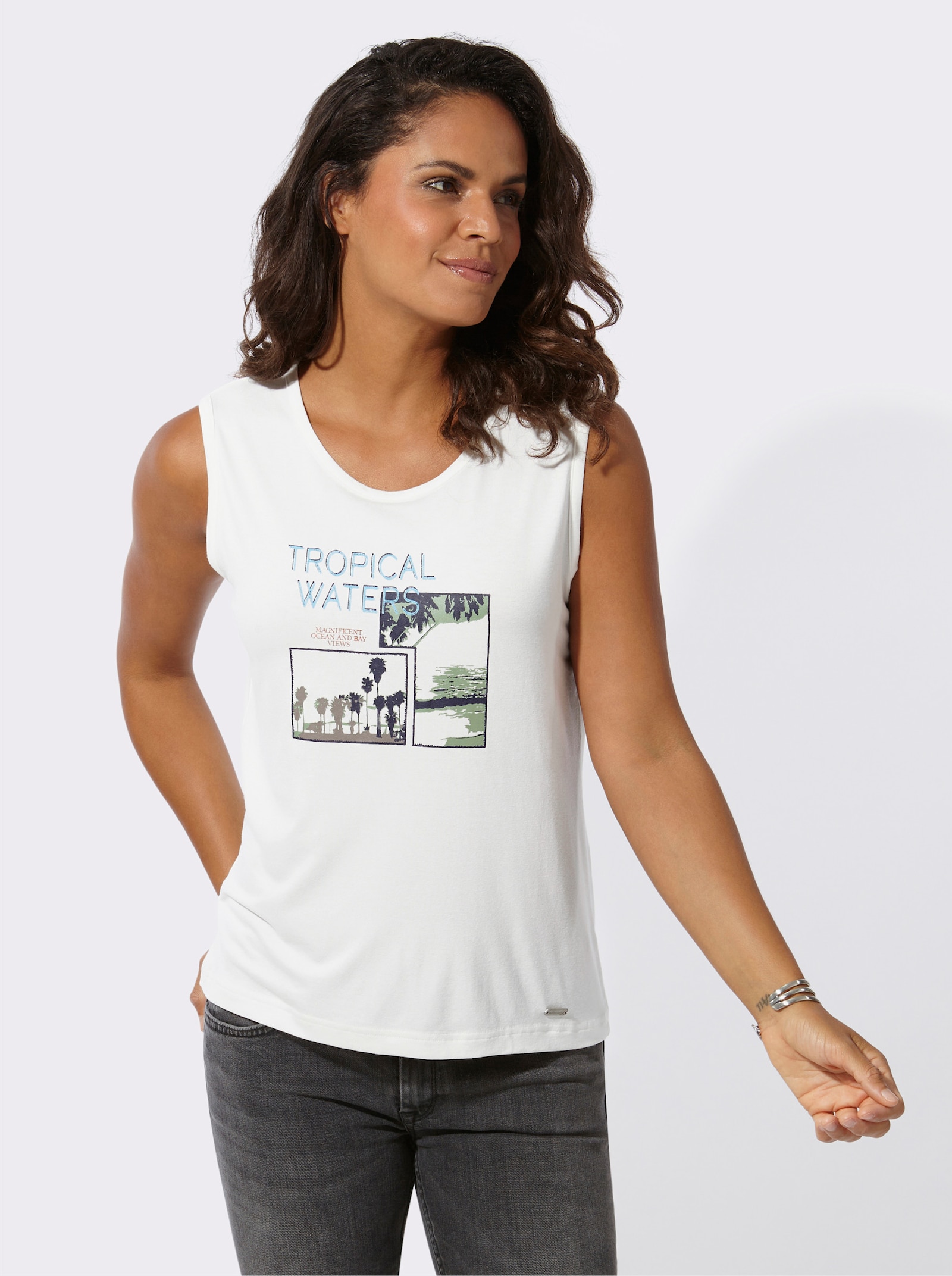 Shirttop mit weitem Rundhals-Ausschnitt - ecru-bedruckt