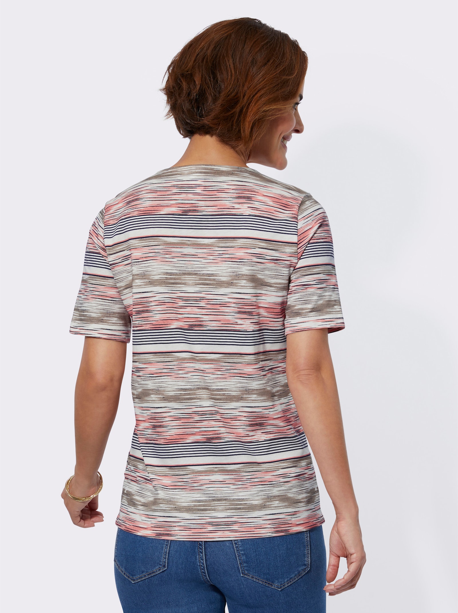 Tričko s okr.výstr. s celoploš.potlač. - Plameniakovo-svetlobéžová potlač