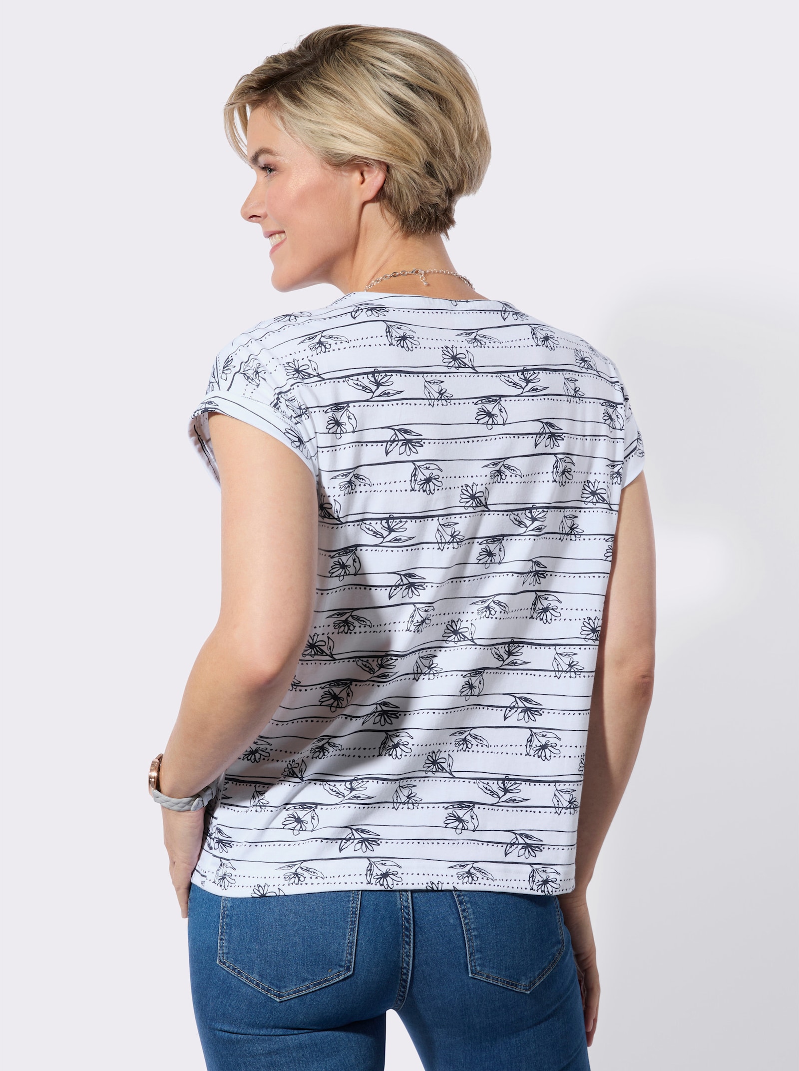 Shirt mit überschnittenen Schultern - weiß-marine-bedruckt