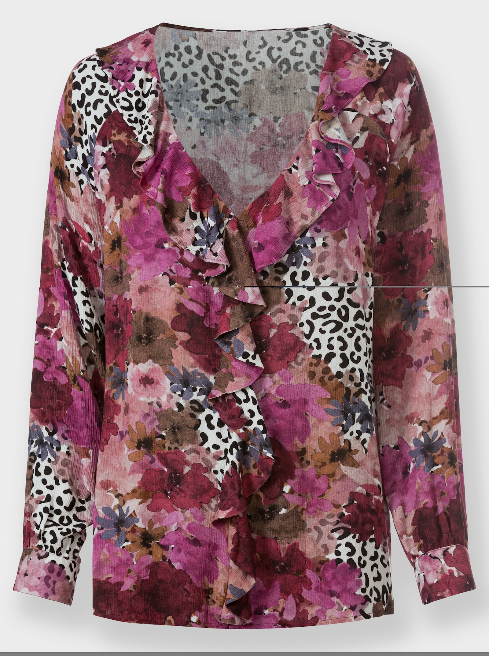 heine Volantbluse mit V-Ausschnitt, geblümt - dunkelrot-rosenquarz-bedruckt