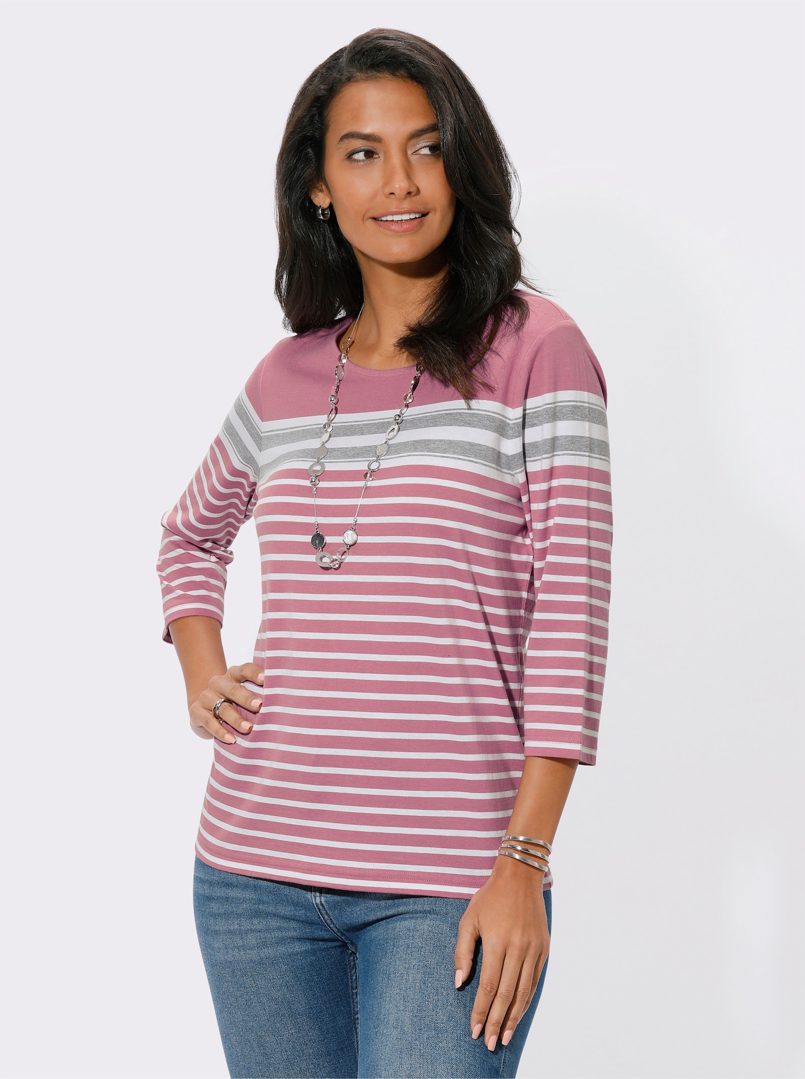 Shirt met ronde hals in streepjesdessin - oudroze/ecru gestreept