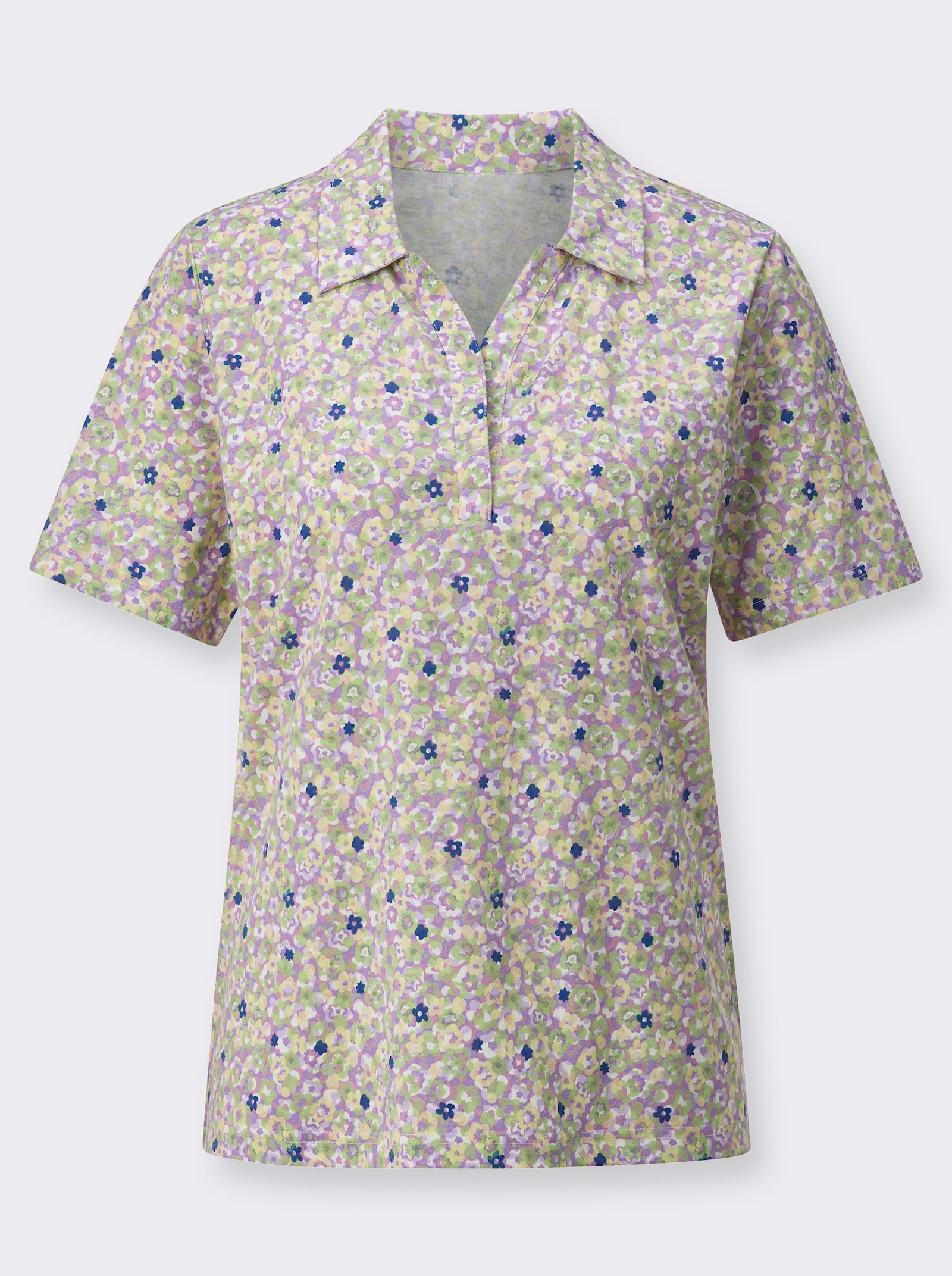 Poloshirt met open V-hals - lavendel/eucalyptus bedrukt