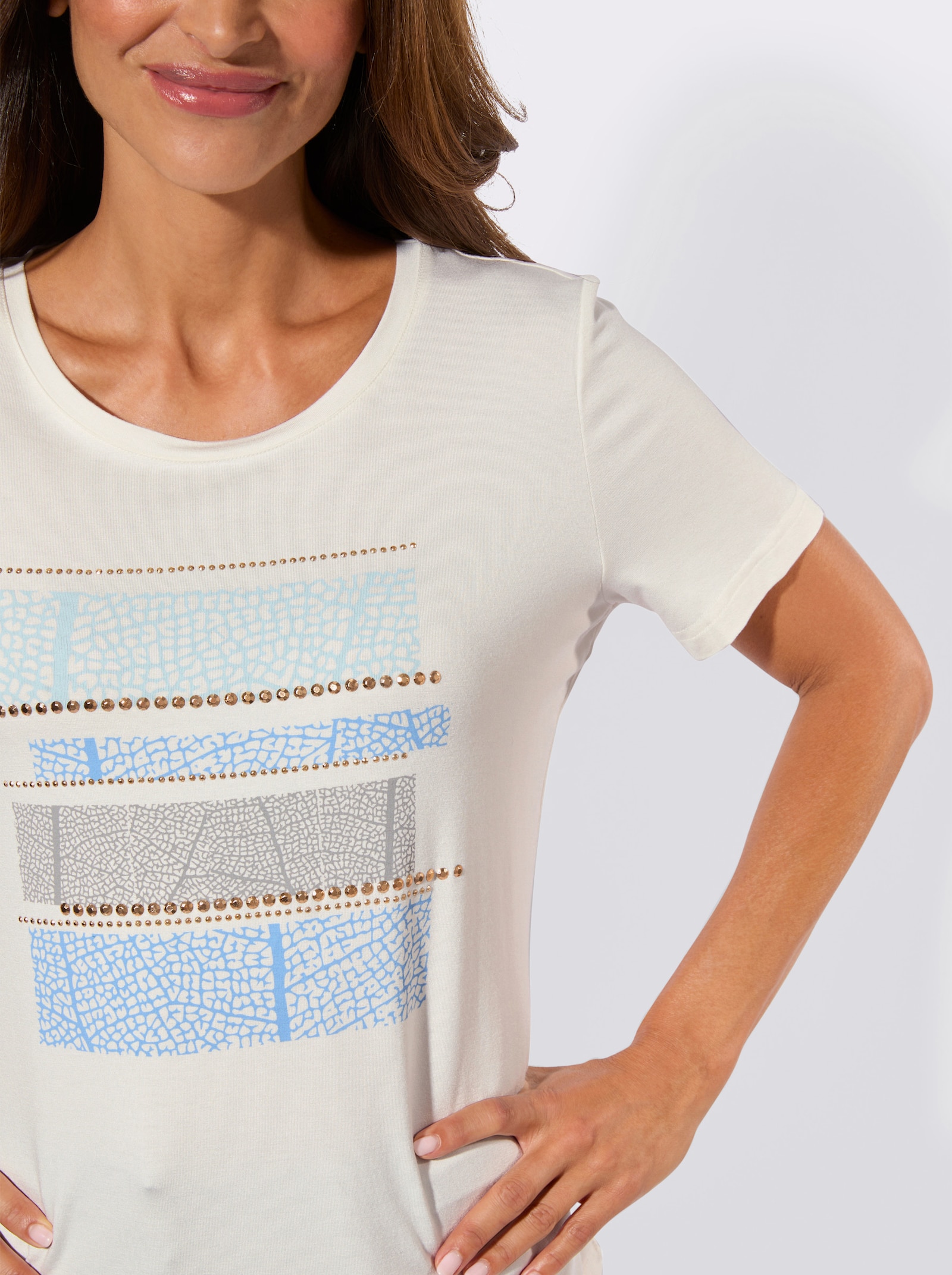 Rundhalsshirt mit platziertem Druck - ecru-himmelblau-bedruckt