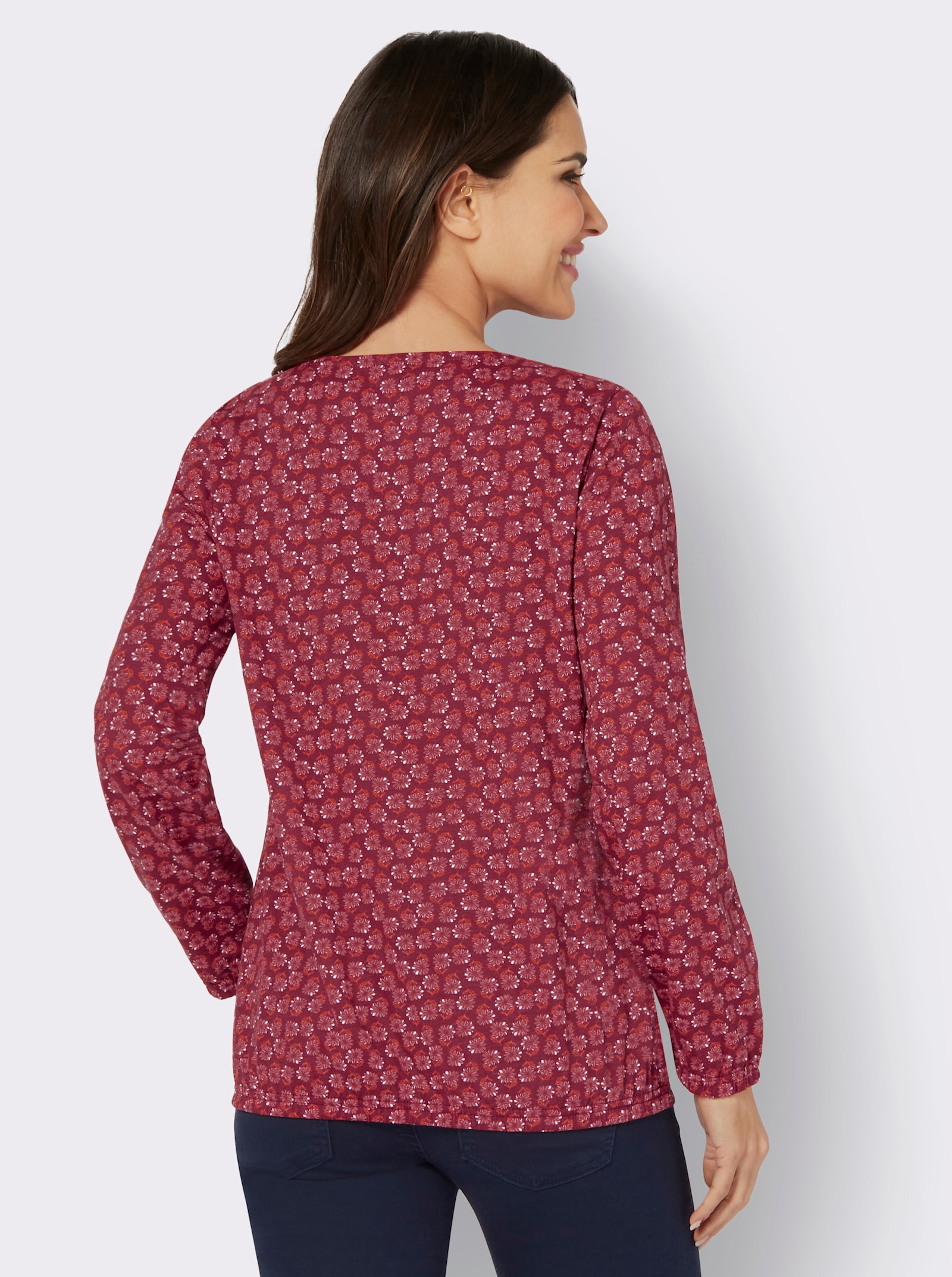 Shirt met ronde hals en elastische boordjes aan de mouwen - kers/koraal bedrukt